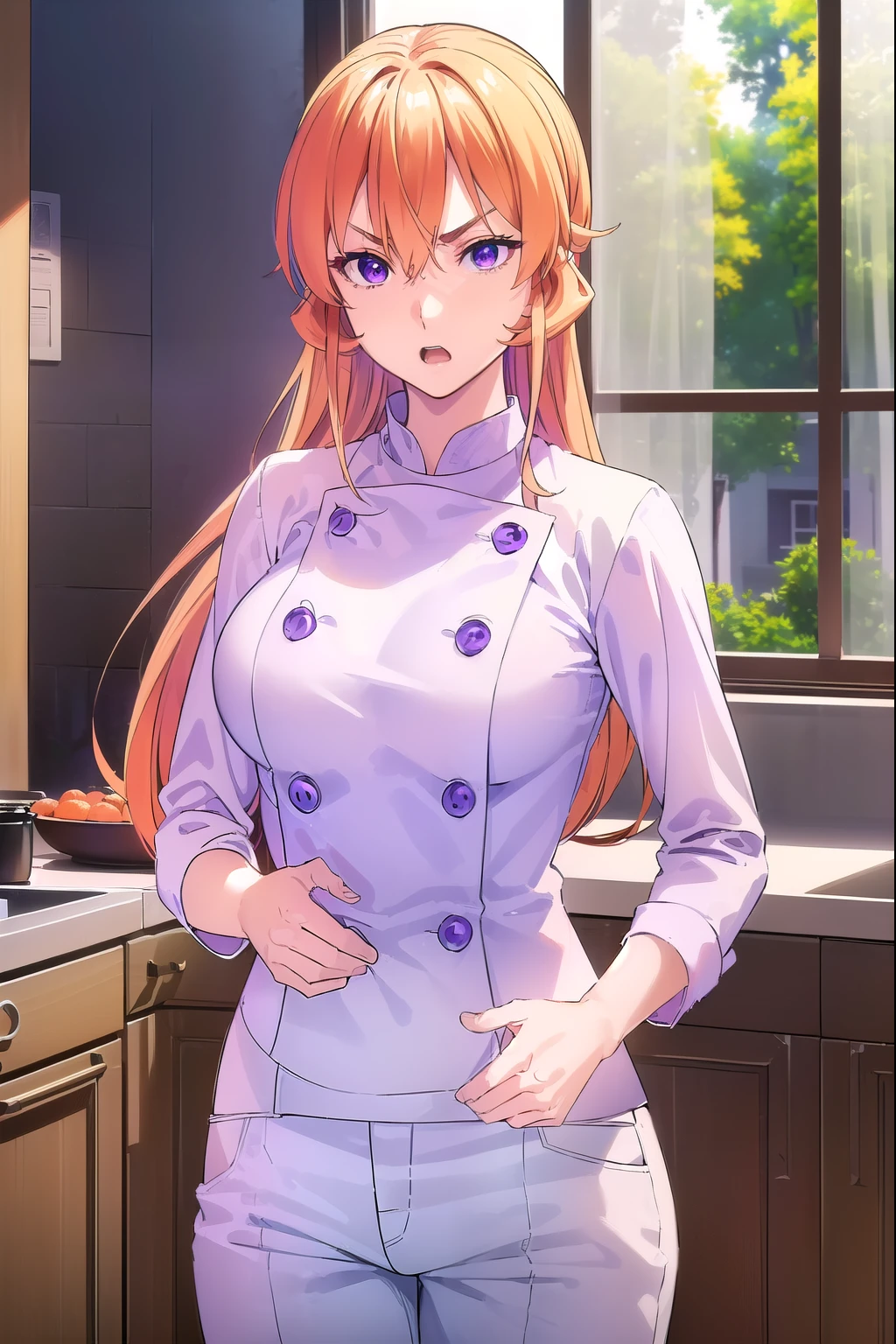 ((masterpiece:1.3, highly detailed:1.3, highres:1.1, best quality, HD, full image)),((erinanakiri, erina nakiri, long hair, orange hair, (purple eyes:1.1), hair between eyes, frown, angry, open mouth, pants, white pants, white bra, chef, long sleeves, ((indoors, kitchen, window background, trees)), looking at viewer, (masterpiece:1.2), best quality, high resolution, unity 8k wallpaper, (illustration:0.8), (beautiful detailed eyes:1.6), extremely detailed face, perfect lighting, extremely detailed CG,(perfect hands, perfect anatomy))),((sexy pose, standing))