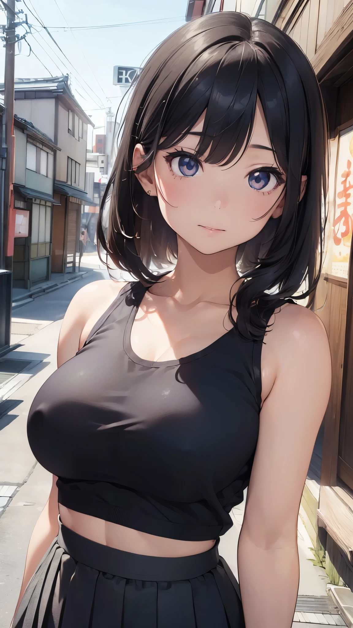 (((masterpiece))),(((High resolution)))、(((8K quality)))、(((perfect face)))、(((beauty of japan)))、30 years old, ((tanktop)), ((skirt)), look at the camera, ((top quality eyes)), detailed face, (detailed texture), look at the camera, big tits
