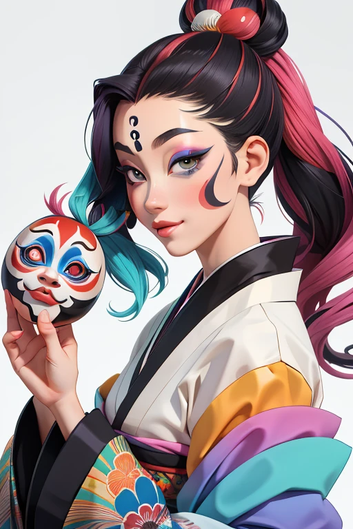 Une femme, 25 ans, mangas, cheveux longs, cheveux multicolores, details, kimono multicolore, Masque Kabuki