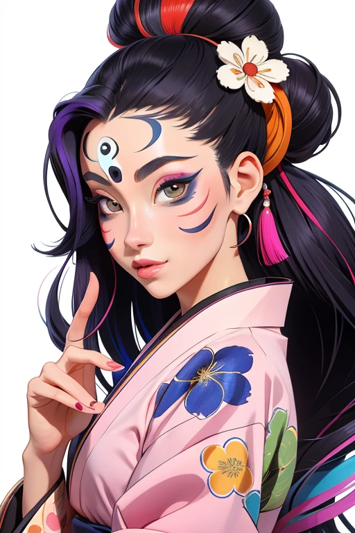 Une femme, 25 ans, mangas, cheveux longs, cheveux multicolores, details, kimono multicolore, Masque Kabuki