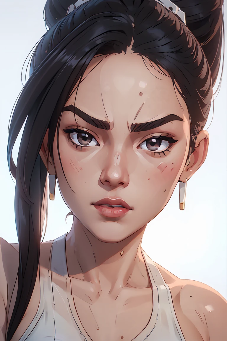 Risa1, Solo, Japanese girl, Liu Yifei, 1girl, (asymetric shoulder long black hair, open hair), small seductive lips, smirking, skin, ponytail, downturned nose, high detailed face, 4k, looking at camera , camletoe, (small breasts, narrow waist,wide hip,athletic body,inflated legs,thick thighs,(detailed face)),beautiful detailed lips, cute,slutty,sensual,seductive look,seductive, ((((wearing white one-piece swimsuit)))), (((((((head-portrait, close-up of face))))))), extremly exaggerated anger