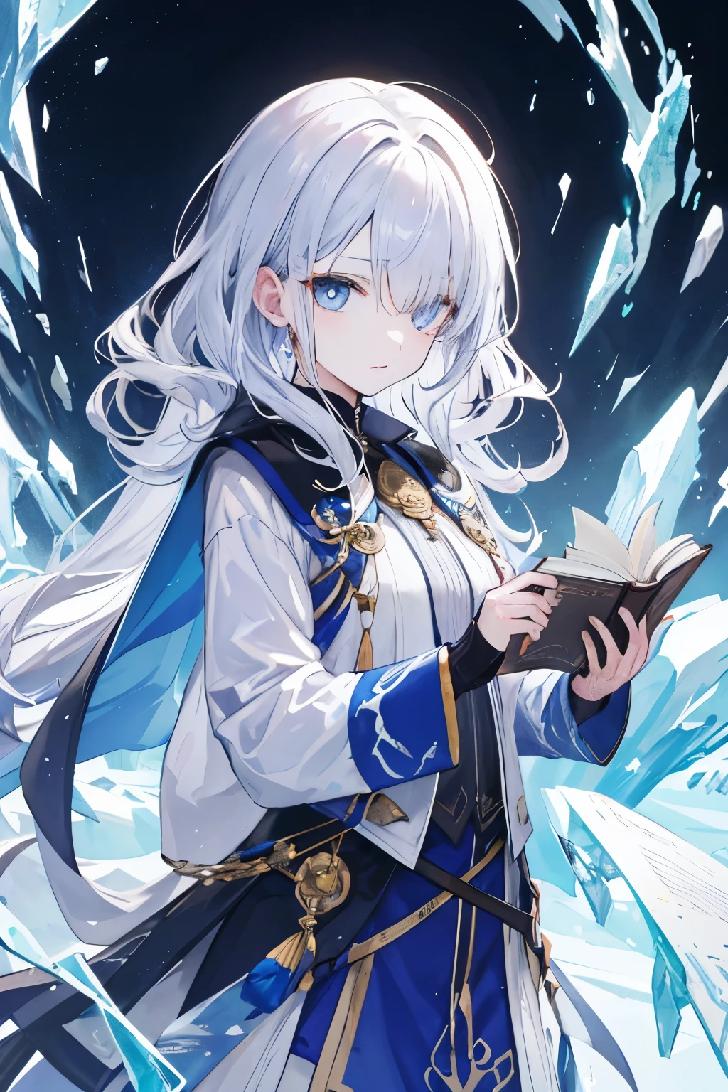 Female personality: A mature and cute appearance:

Put your hair to one side so one eye is visible、The other eye is hidden by hair。
The hair is medium length、Lightly wavy。
Has pale blue eyes、Have clear skin。


ice powers: Has the ability to control ice、Freeze enemies or、Can create ice barriers。
Seeker of Knowledge: As a scholar、Value knowledge、He is passionate about discovering ancient ruins and uncovering mysteries during his adventures.。I have a book
