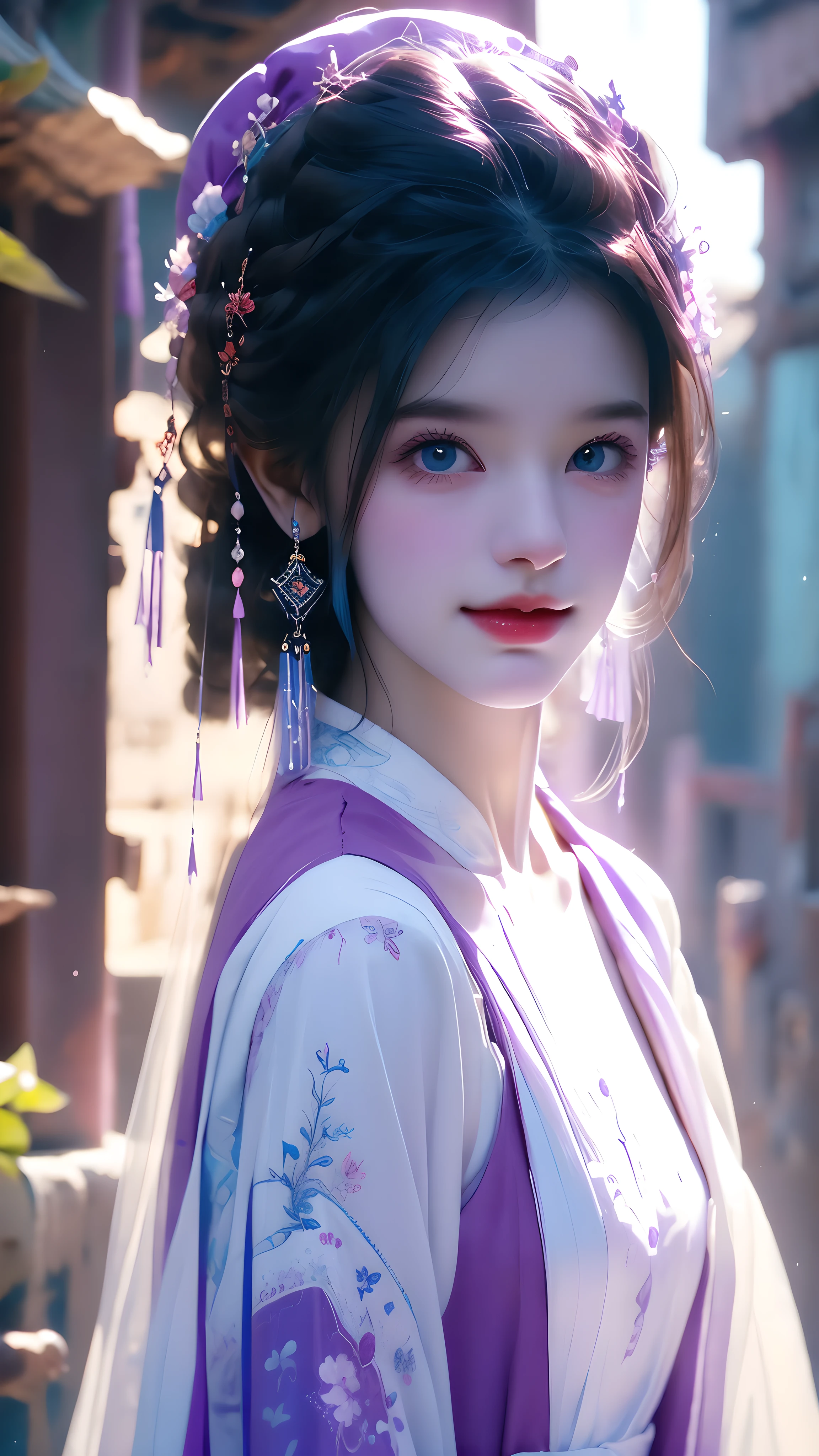 portrait of a young brunette girl about twenty years old, cinematic lighting, soft contrast, Blue eyes, city background, aesthetics, dark skin, tattooed arms, short haircut, Oversized shirt, professional cinema, 8k, HD, Graceful physique, Beautiful starry sky, realistic scene, hyperrealistic, Ultra HD, Studio light, silk, octane number, ultra-detailed, 8k, cinematic, sharp focus surreal portrait of a young woman in a red hat with large earrings and a dress with a slight smile and a purple background with the addition of flowers and more flowers