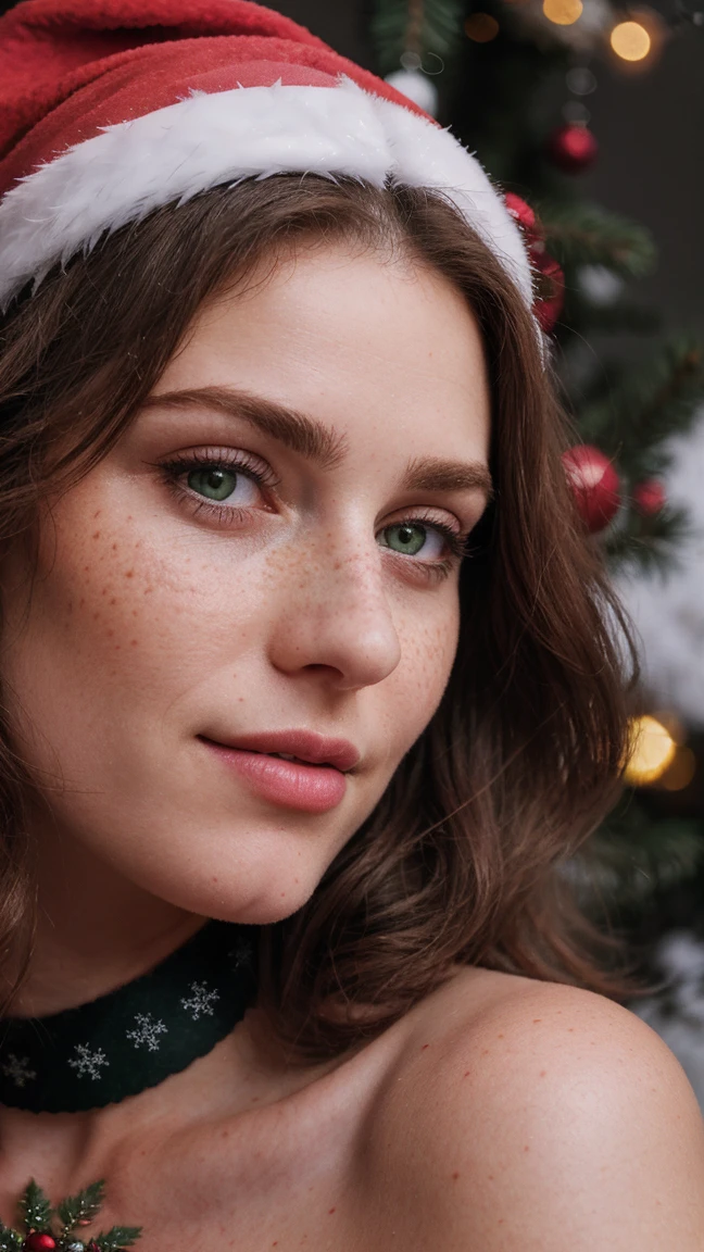 photo, rule of thirds, dramatic lighting, medium hair, detailed face, detailed nose, woman in Christmas clothes, freckles, collar or choker, perfect detailed hand, smile, tattoo, complex background, realism, realistic, rough, analog, woman , christmas hat, portrait, photorealistic, analog, realism, photo background with christmas tree and gifts, snowing background of a city celebrating a christmas.