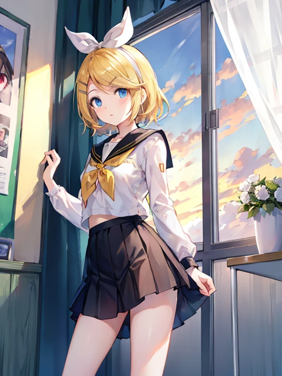 rin kagamine , por rubio , colecciones 、ojos rojos、Hermosa chica sola、quimono、una minifalda、aula de escuela 、sentado en pupitre , luz de atardecer (entrando por la ventana , cortinas que se mueven un poco con el viento