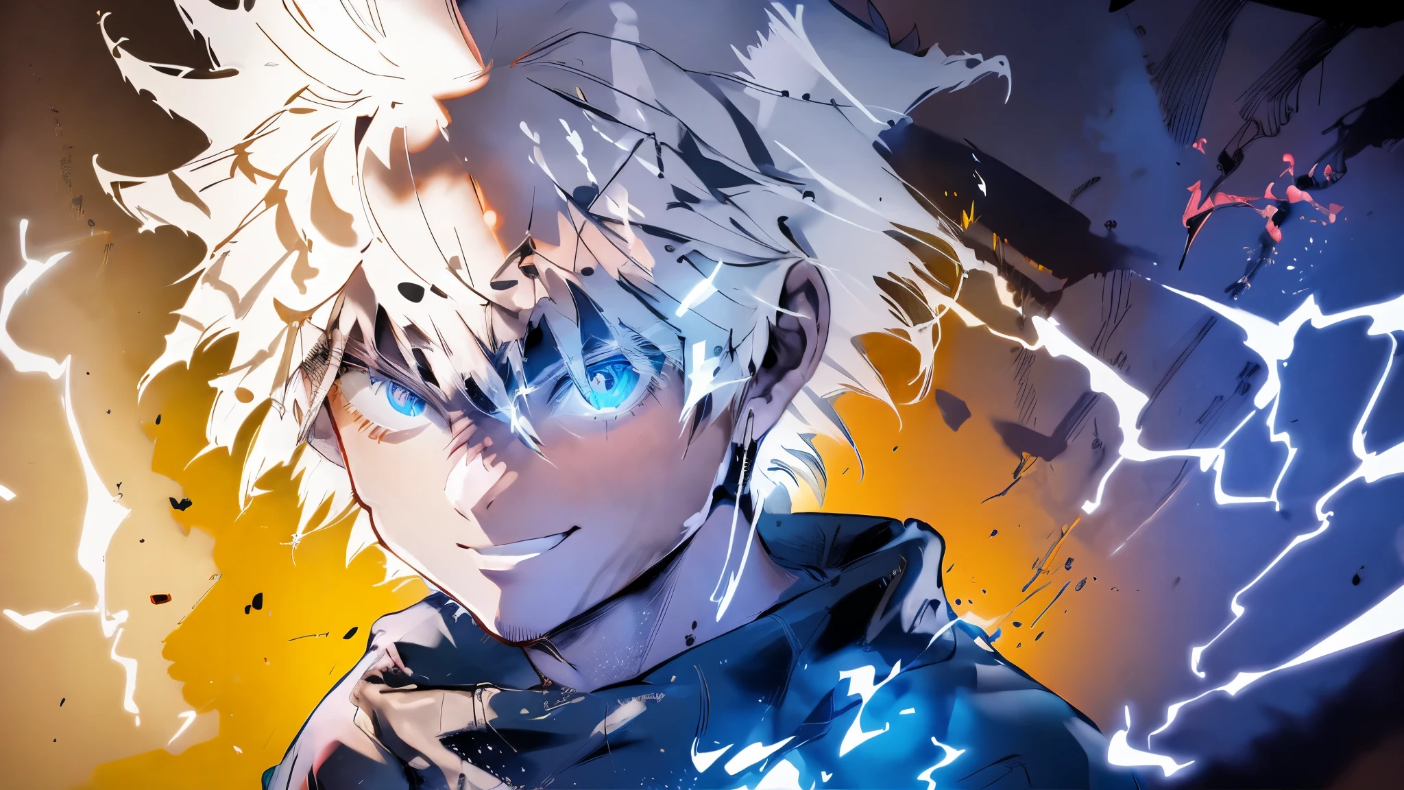 (best quality,4k,highres),medium:illustration,zankai centered in the middle,gojo satoru on the right,Killua Zoldyck on the left,anime,portrait,detailed eyes,longeyelashes,smiling face,bright colors,vibrant backdrop,studio lighting