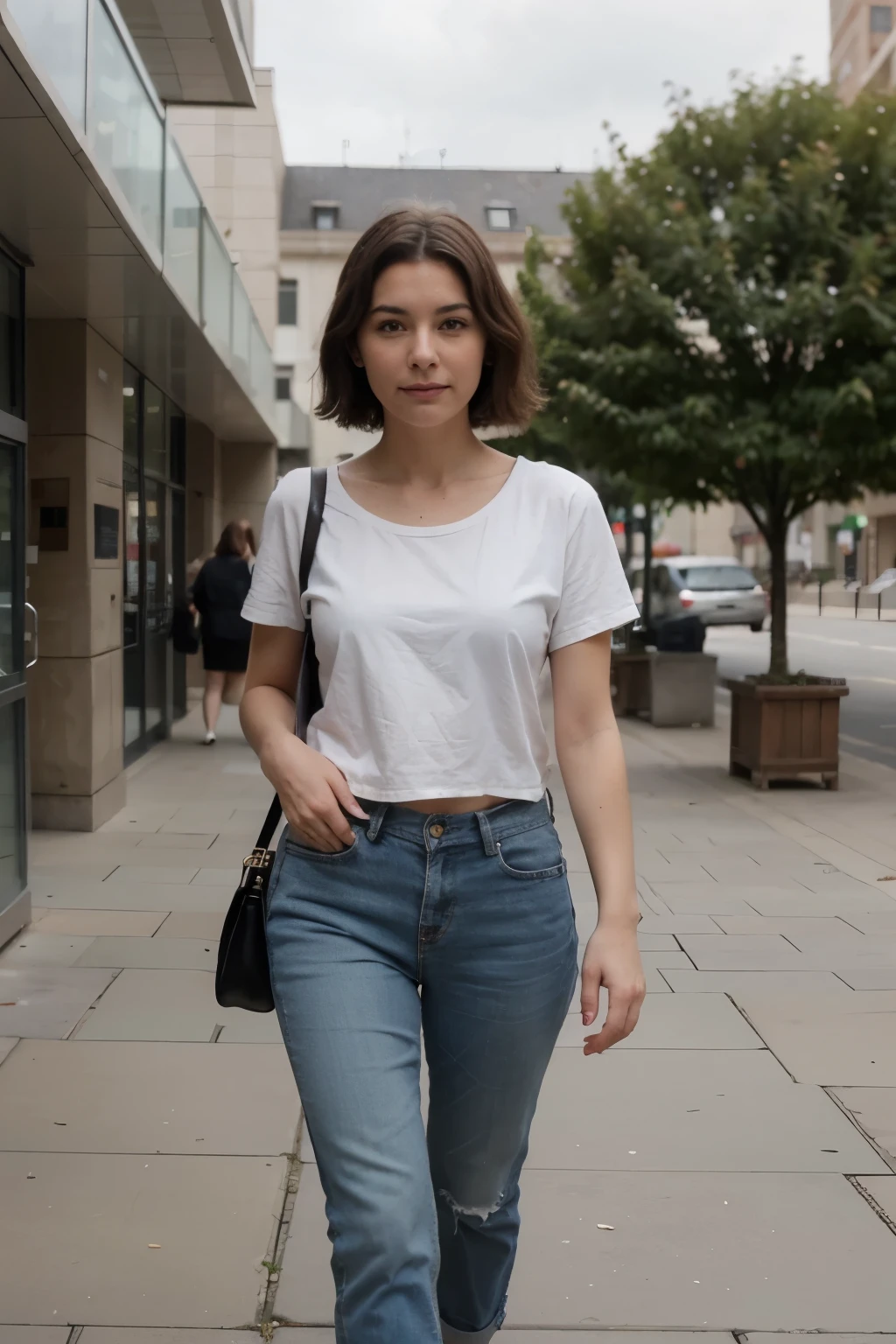 Crea una imagen realista de una chica bonita caminando por una plaza. You can make it a few years older? Puedes hacer esta misma mujer sentada en una plaza