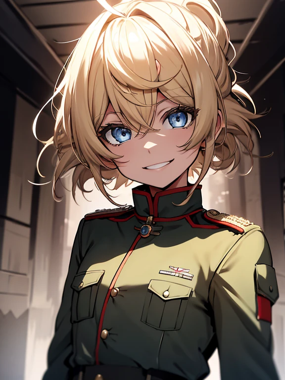 (Obra maestra, mejor calidad: 1.1), 1 chica solo, tanya, 1 chica, solo, , pecho plano, small breasts, curvas, militar, militar uniform, ,, Sonrisa maligna, evil expression, enojo, ojos rojos, Neutral lighting