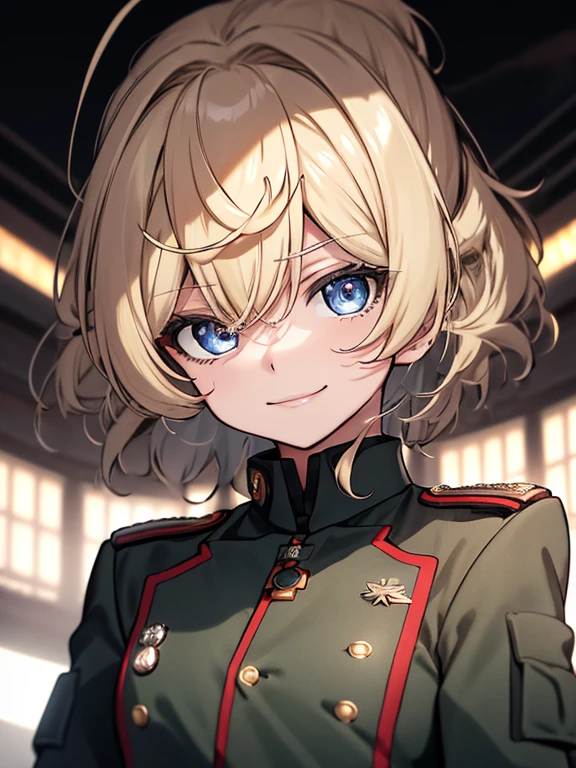 (Obra maestra, mejor calidad: 1.1), 1 chica solo, tanya, 1 chica, solo, , pecho plano, small breasts, curvas, militar, militar uniform, ,, Sonrisa maligna, evil expression, enojo, ojos rojos, Neutral lighting