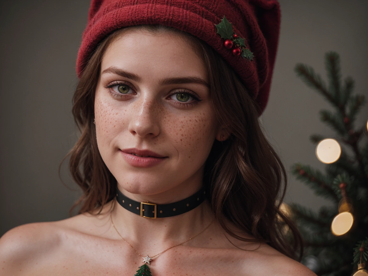 photo, rule of thirds, dramatic lighting, medium hair, detailed face, detailed nose, woman in Christmas clothes, freckles, collar or choker, perfect detailed hand, smile, tattoo, complex background, realism, realistic, rough, analog, woman , christmas hat, portrait, photorealistic, analog, realism, photo background with christmas tree and gifts, snowing background of a city celebrating a christmas.