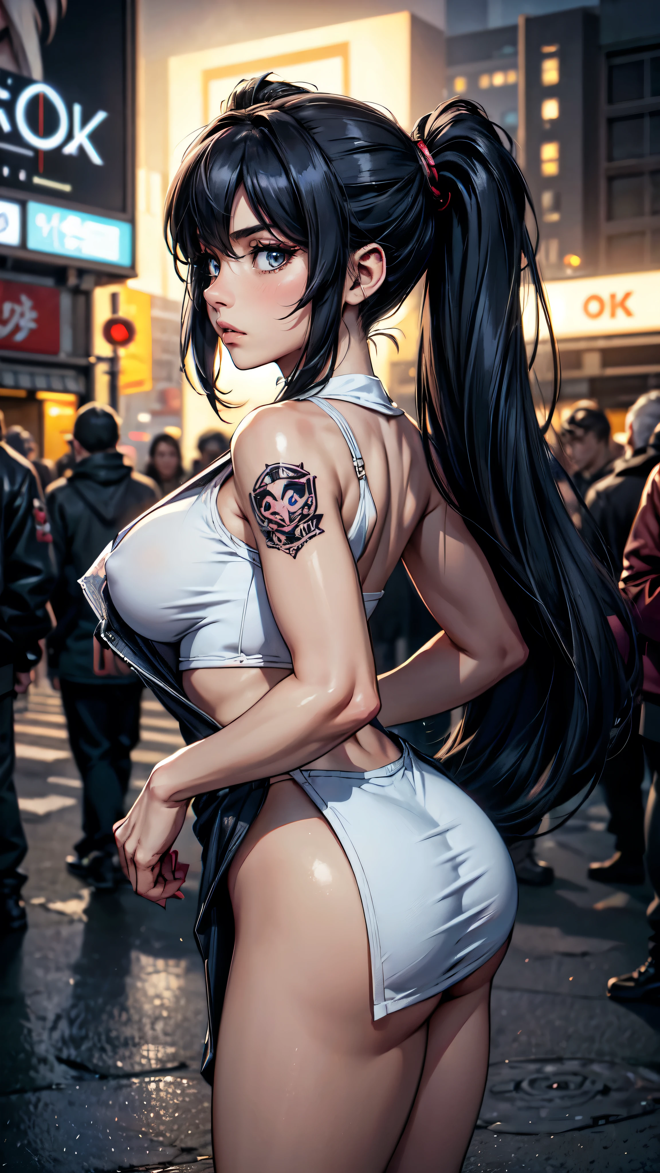 masterpiece, best quality, HuTaoV4, 1girl, solo, blush, twintails, long hair, hair between eyes, ((streetwear clothes)), city, outdoors, night, movie poster, extremely detailed 8K, smooth, high resolution, ultra quality, cinematic lighting, ambient occlusion, hd, 2k, 4k, 8k, 16k, extremely detailed anime, detailed faces, perfect composition, wide shot, atmospheric lighting, very sexy, lift skirt, random low back angle, uncensored, nsfw, sin censura, tattoed