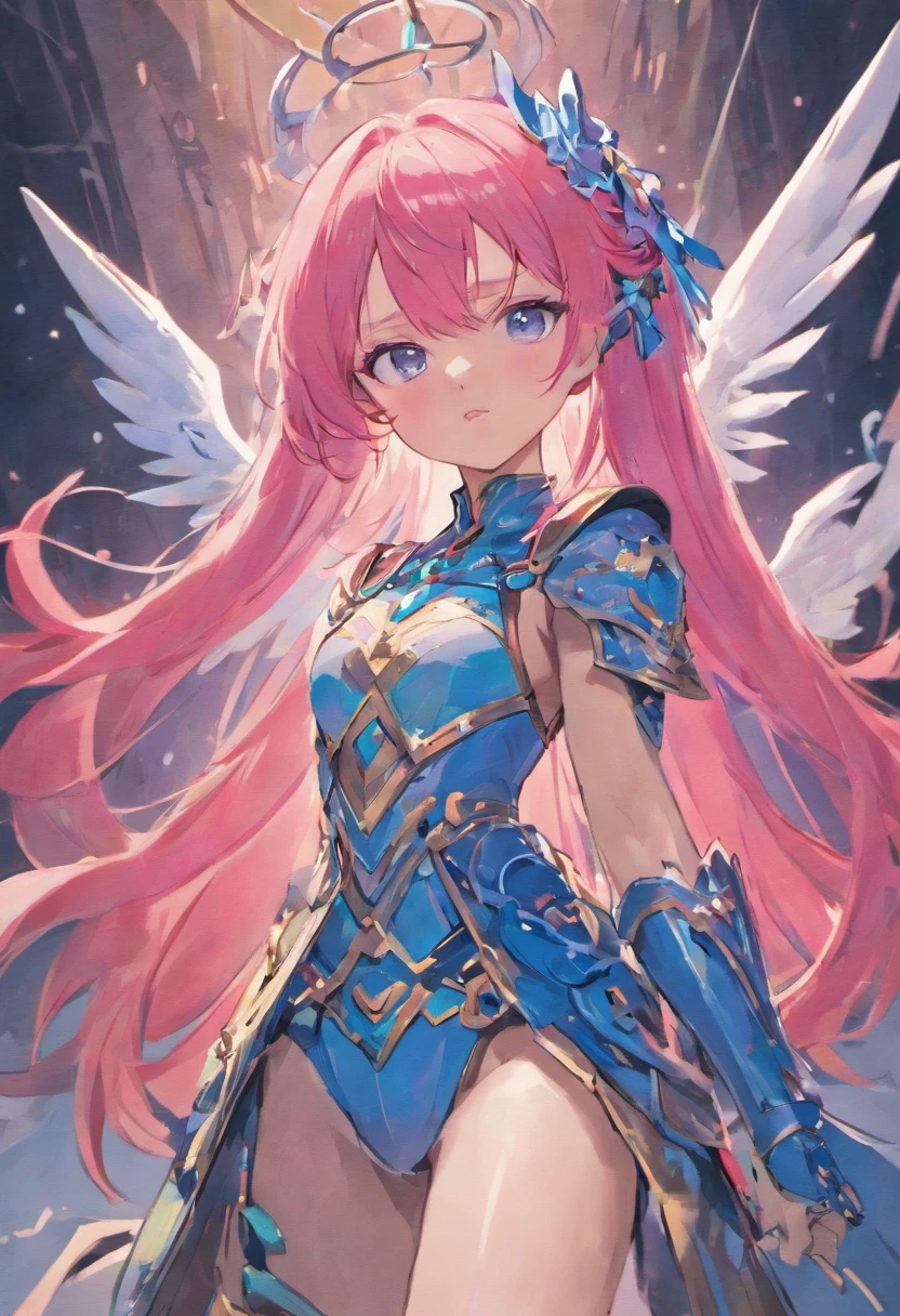 1girl, solo, looking at viewer, Pink long hair, blue metal breastplate, Blue metal spaulders, blue metal vambraces, Blue metal Chausses, a blue tiara. Blue wing earrings, two large blue wings, blue metal lance, blue eyes, full body, forest background, pink lips, anime, tall, curvy, detailed, best quality, close up,