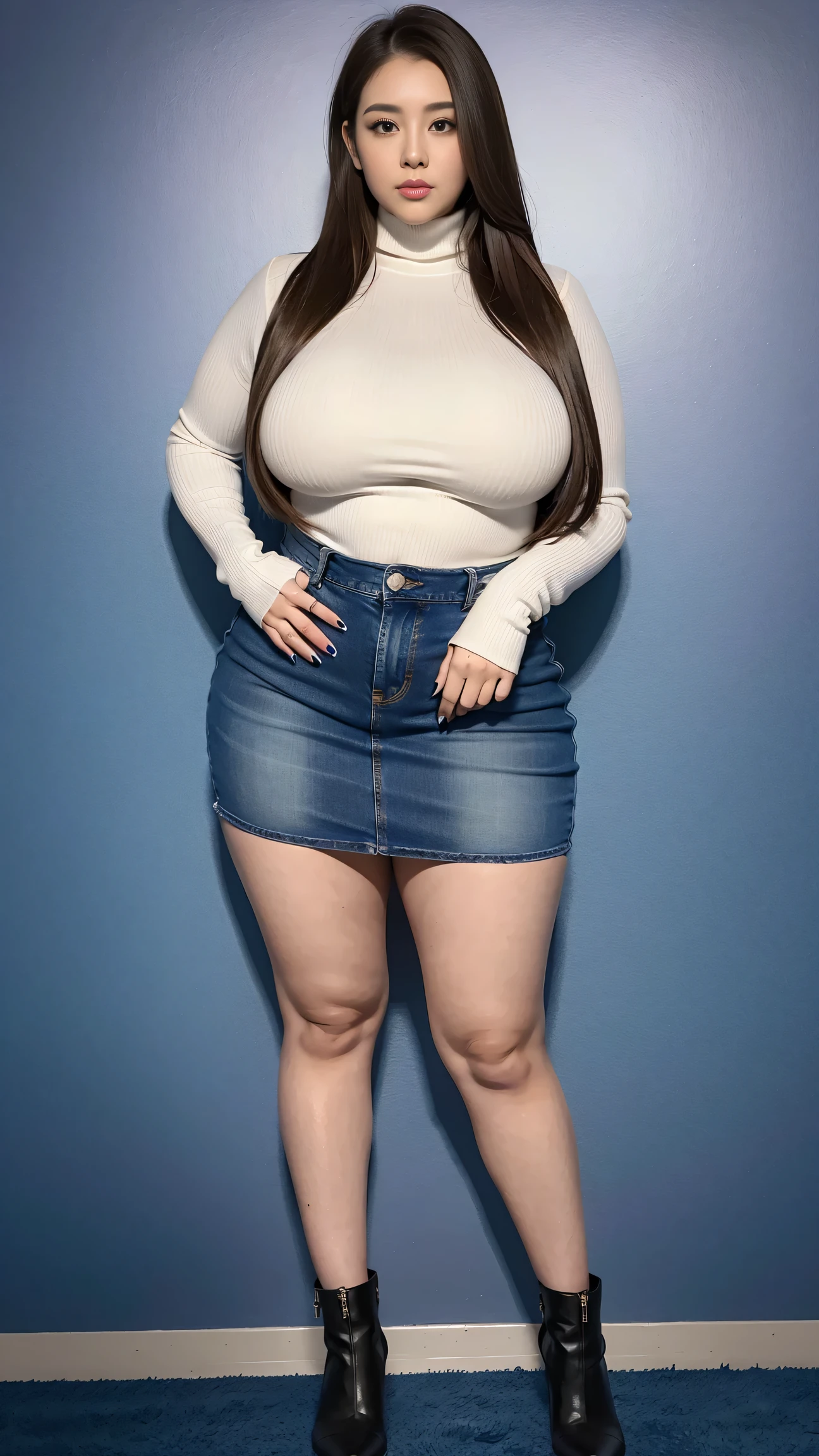 Full body shot of 1 beautiful woman, adult, large body, voluptuous woman, (very long straight hair),( brunette hair), outlined eyelids, made-up eyelids, turtleneck sweater, scarf, neckline, (blue mini denim skirt), tempting , dreaming, curvy hourglass figure, oppai proportion, tight skirt , tall, tall, long legs