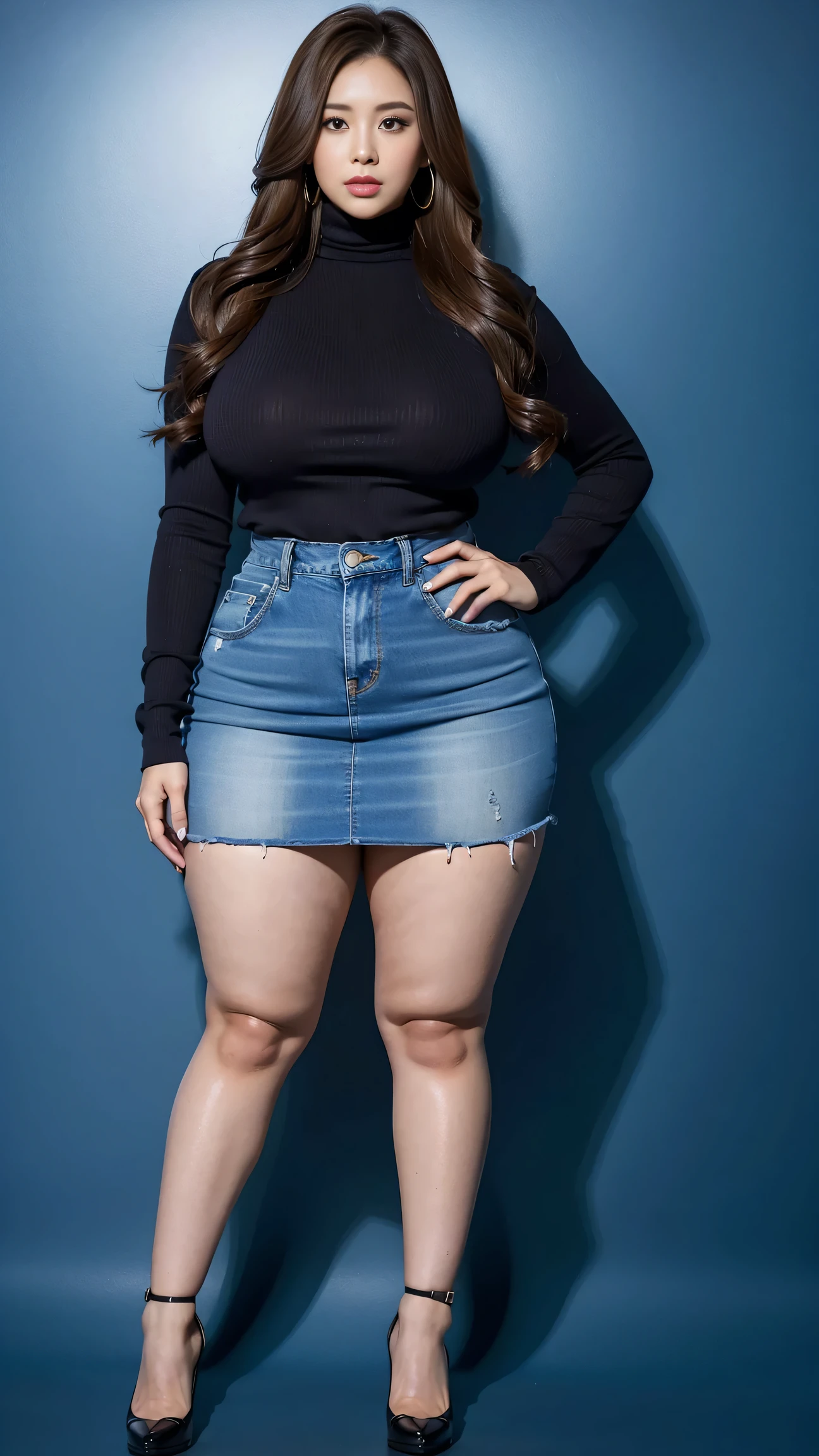 Full body shot of 1 beautiful woman, adult, large body, voluptuous woman, (very long straight hair),( brunette hair), outlined eyelids, made-up eyelids, turtleneck sweater, scarf, neckline, (blue mini denim skirt), tempting , dreaming, curvy hourglass figure, oppai proportion, tight skirt , tall, tall, long legs