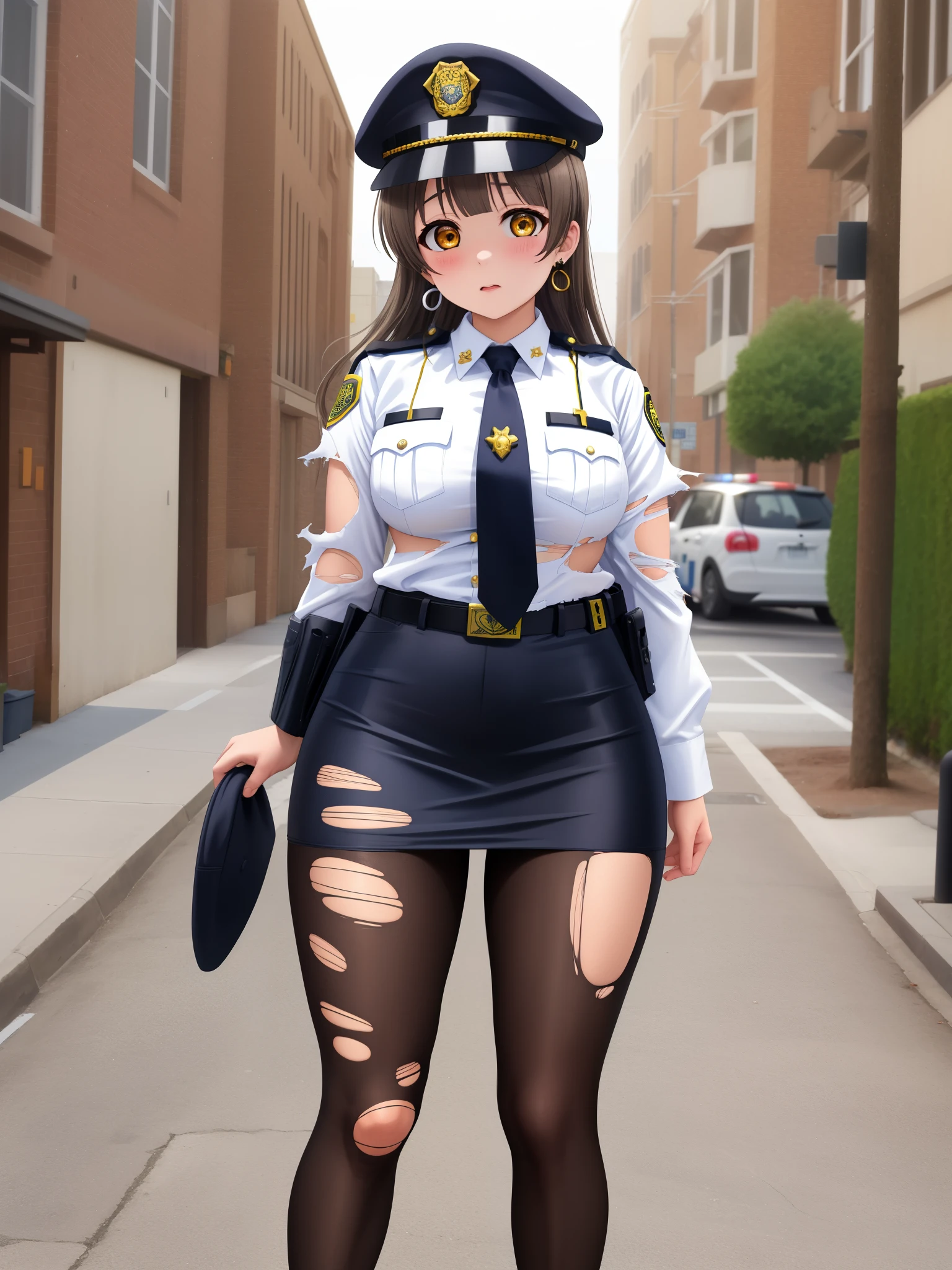 Masterpiece, best quality, solo, cowboy shot, (detailed face), minami kotori, curvy body ,white shirt,half sleeves,earrings,mini pencil skirt, necktie , standing,police cap,in street,looking at viewer, thighs, wide hips ,solo ,belt, pantyhose , skin tight ,(torn clothes:1.2), trembling 