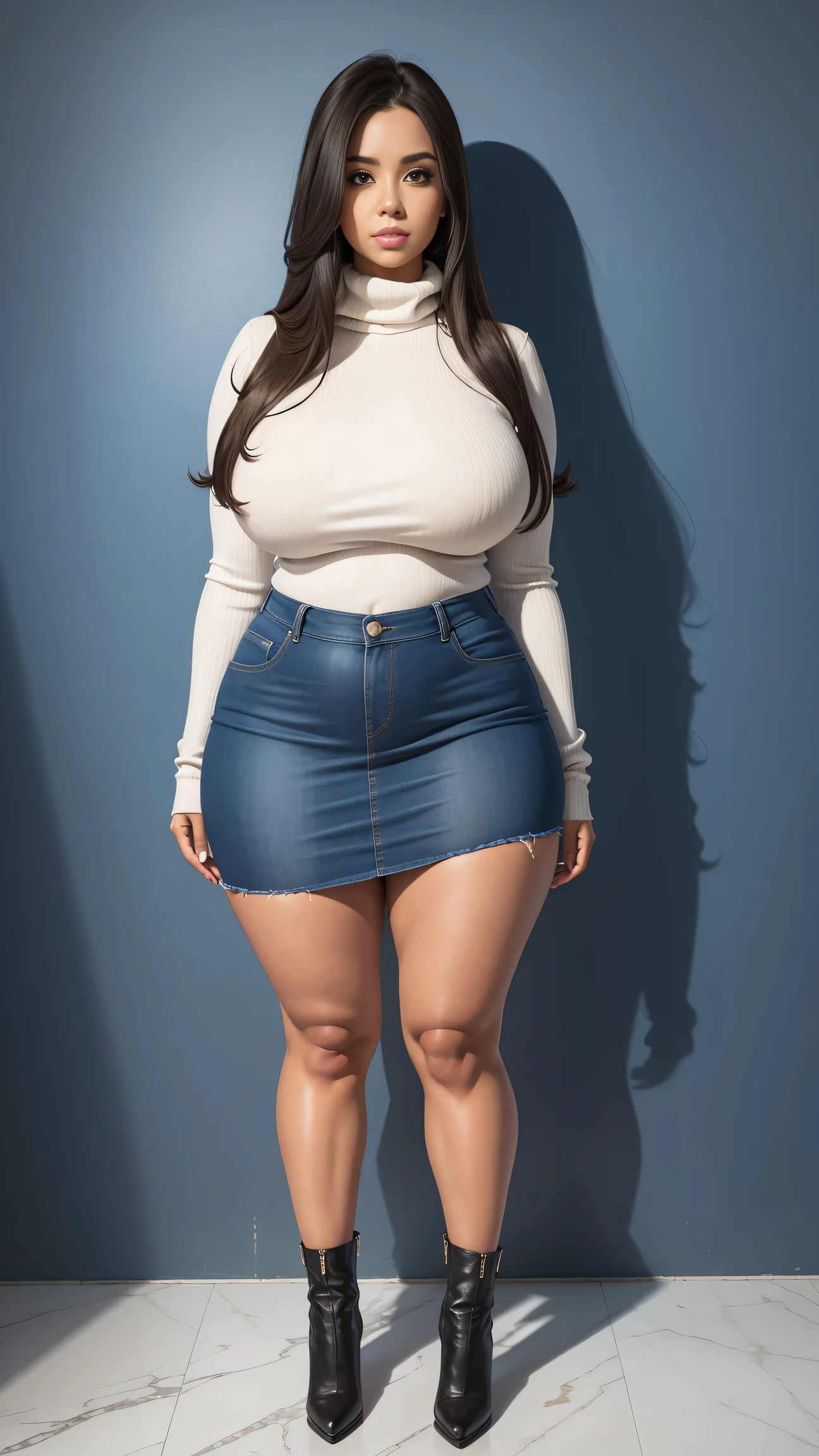 Full body shot of 1 beautiful woman, adult, large body, voluptuous woman, (very long straight hair),( brunette hair), outlined eyelids, made-up eyelids,  turtleneck sweater,  scarf, neckline, (blue mini denim skirt),  tempting , dreaming, curvy hourglass figure, oppai proportion, tight skirt , tall, tall, long legs