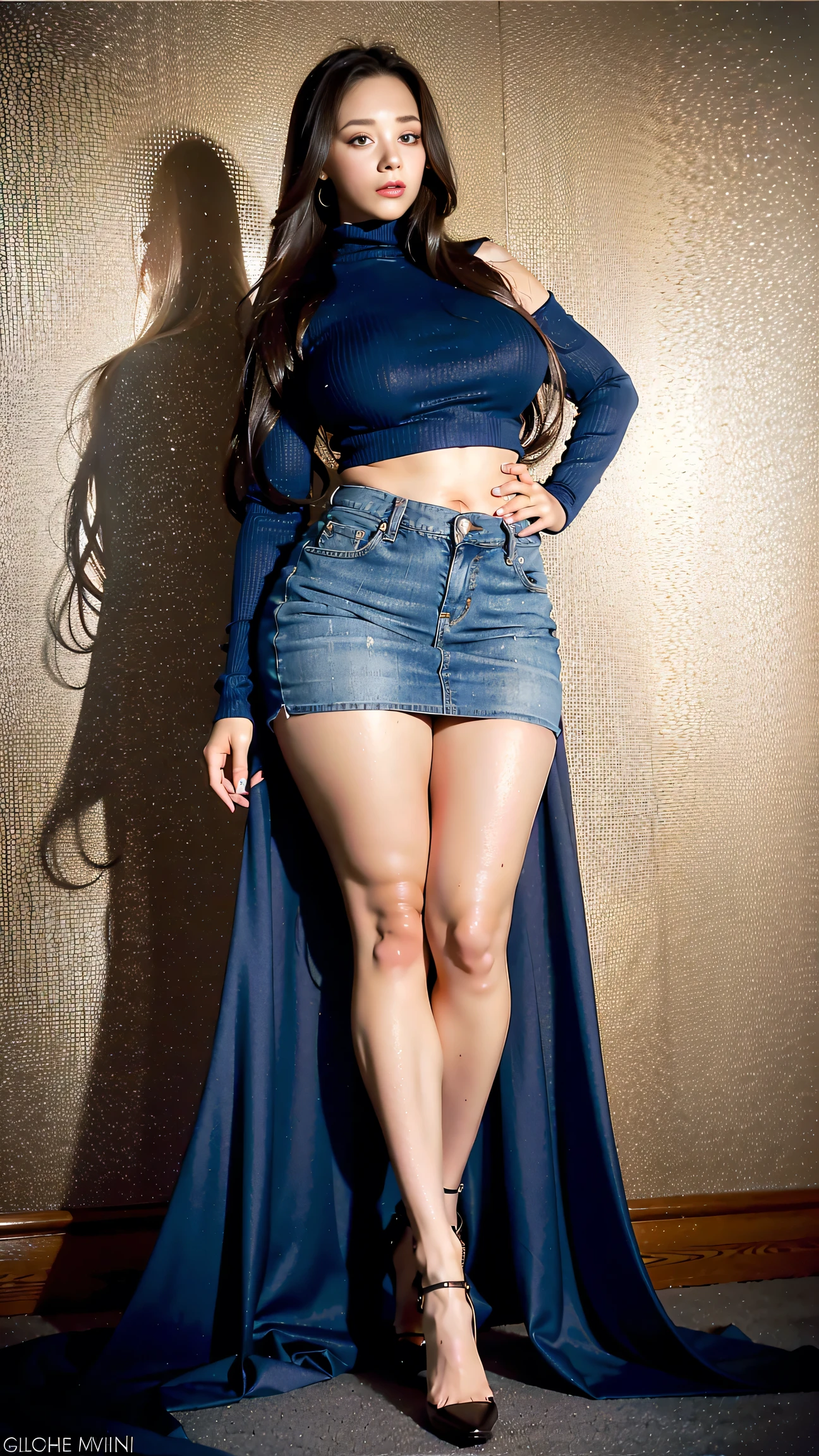 Full body shot of 1 beautiful woman, adult, large body, voluptuous woman, (very long straight hair),( brunette hair), outlined eyelids, made-up eyelids, turtleneck sweater, scarf, neckline, (blue mini denim skirt), tempting , dreaming, curvy hourglass figure, oppai proportion, tight skirt , tall, tall, long legs
