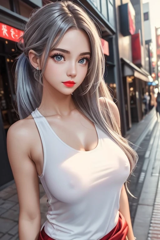 Urban beautiful girl college student, masterpiece, light makeup, red lips, silver hair, messy long hair, street background, beautiful, elegant. super fine details, master works, authentic texture, cinematic lighting realism, perfect job, 16K, hd, exquisite features,blue eyes、japanese idol、Beautiful Face、cute smile、brown hair、beautiful hair、ponytail、glamorous、perfect breasts、erect nipples、Oily muscle、shiny skin、white skin, glowing skin, bright big eyes, smooth skin, super sexy  tank top, thin tank top 