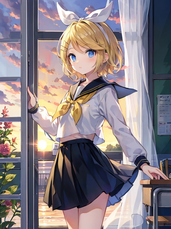 rin kagamine , por rubio  , colecciones 、ojos rojos、Hermosa chica sola、quimono、una minifalda、aula de escuela 、sentado en pupitre , luz de atardecer (entrando por la ventana , cortinas que se mueven un poco con el viento