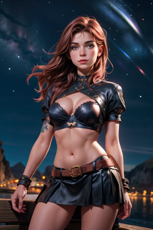 une femme de 25 ans, guerrière viking, leather bra and skirt, tatouage viking, dans un fjord, de nuit, stars, Milky Way