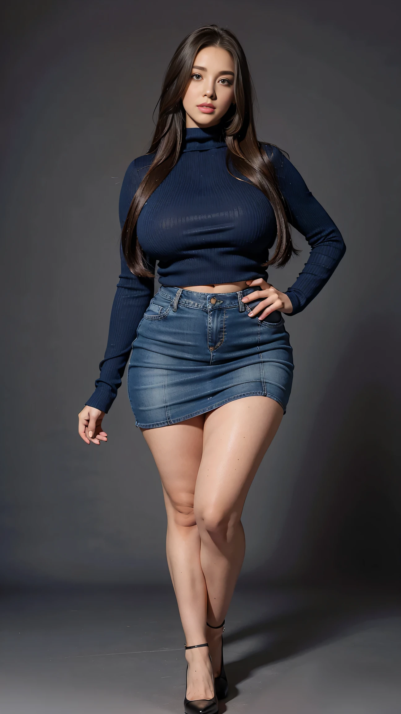 Full body shot of 1 beautiful woman, adult, large body, voluptuous woman, (very long straight hair),( brunette hair), outlined eyelids, made-up eyelids, turtleneck sweater, scarf, neckline, (blue mini denim skirt), tempting , dreaming, curvy hourglass figure, oppai proportion, tight skirt , tall, tall, long legs