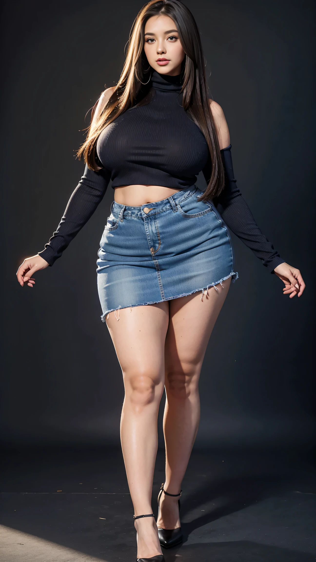 Full body shot of 1 beautiful woman, adult, large body, voluptuous woman, (very long straight hair),( brunette hair), outlined eyelids, made-up eyelids, turtleneck sweater, scarf, neckline, (blue mini denim skirt), tempting , dreaming, curvy hourglass figure, oppai proportion, tight skirt , tall, tall, long legs
