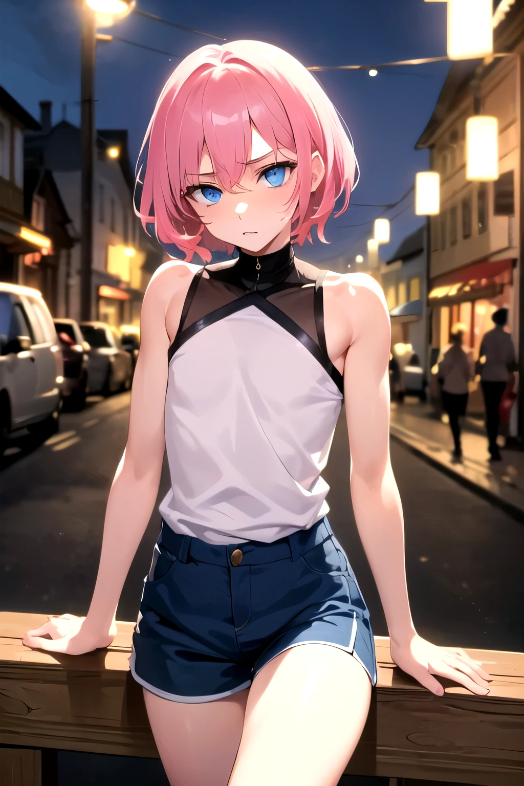 (solo images、18 year old boy with pink hair,bare wood ,cold eyes、cool look、beautiful boy、long eyelashes、 blue eyes,Small arms々muscular,thin short hair、、fashionable town background