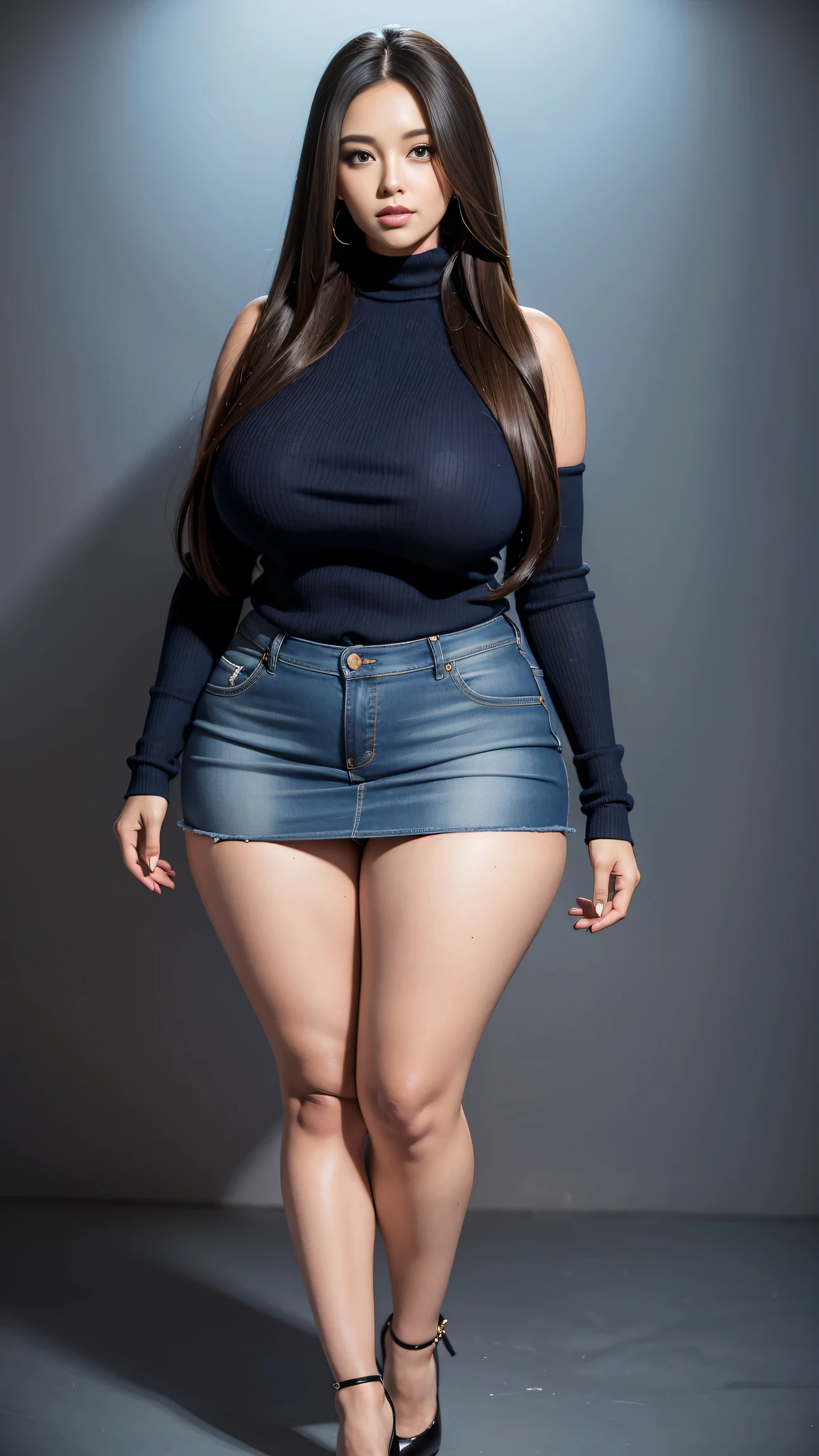 Full body shot of 1 beautiful woman, adult, large body, voluptuous woman, (very long straight hair),( brunette hair), outlined eyelids, made-up eyelids,  turtleneck sweater,  scarf, neckline, (blue mini denim skirt),  tempting , dreaming, curvy hourglass figure, oppai proportion, tight skirt , tall, tall, long legs