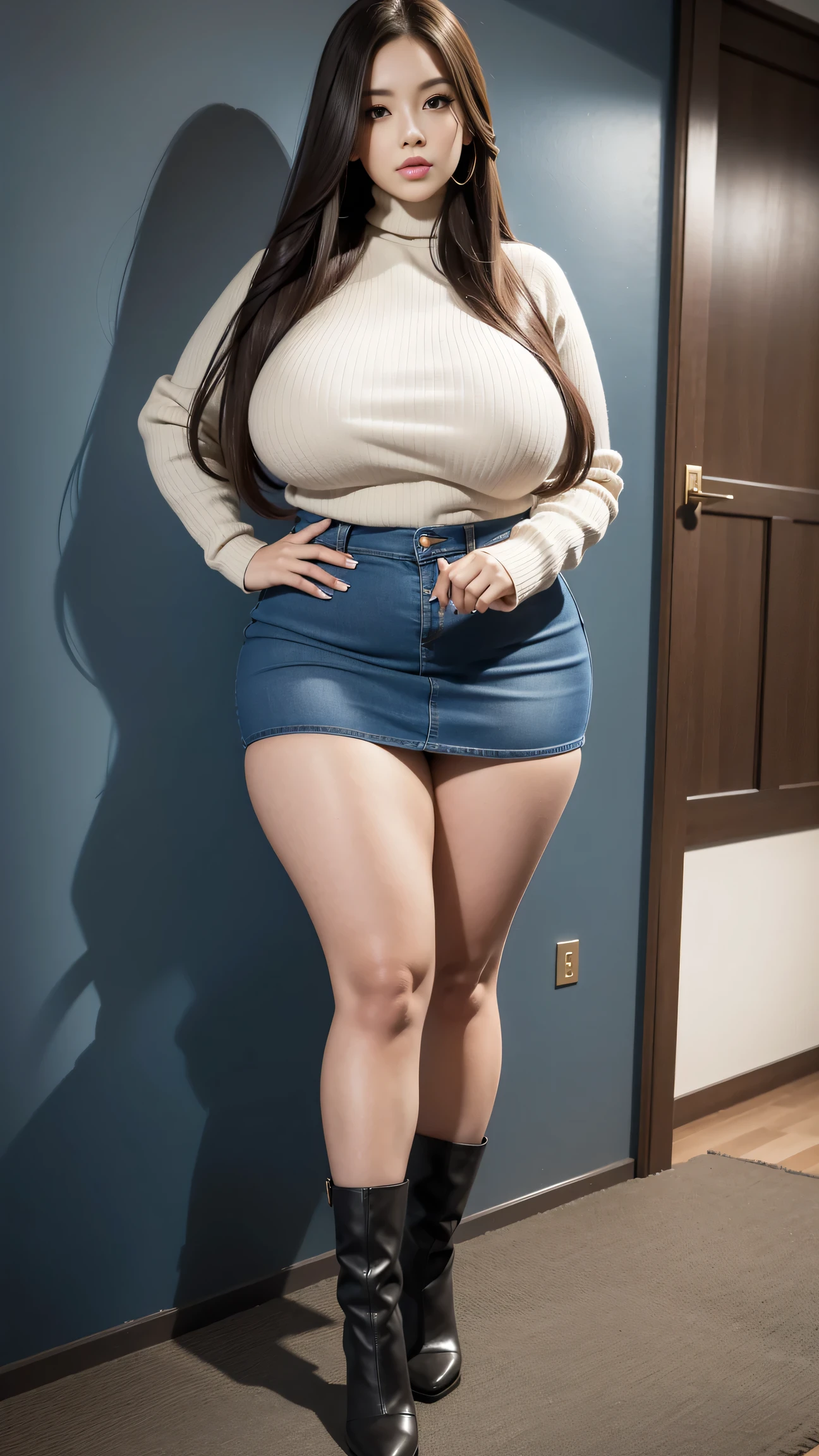 (best quality,8k,ultra high resolution:1.2),(pretty european japanese girl),(huge breasts:0.8),(sweater), (thick thighs:0.9), (obese body), chubby cheeks 