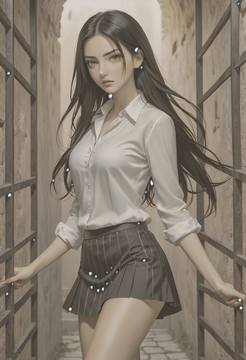 Fantasy dungeons scenario an Italian girl with very long black hair, thin, girl, the girl is wearing a blouse and a miniskirt with lapels, the girl is a prisoner