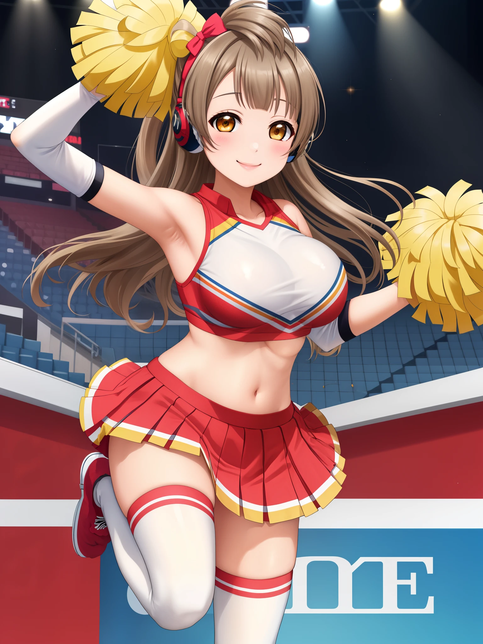 Masterpiece, best quality,Minami kotori,solo, smile ,skirt, navel, elbow_gloves, midriff, armpits, strapless, headphones, thighhighs, pom_pom_(cheerleading), standing on one leg, armpits ,big breasts 