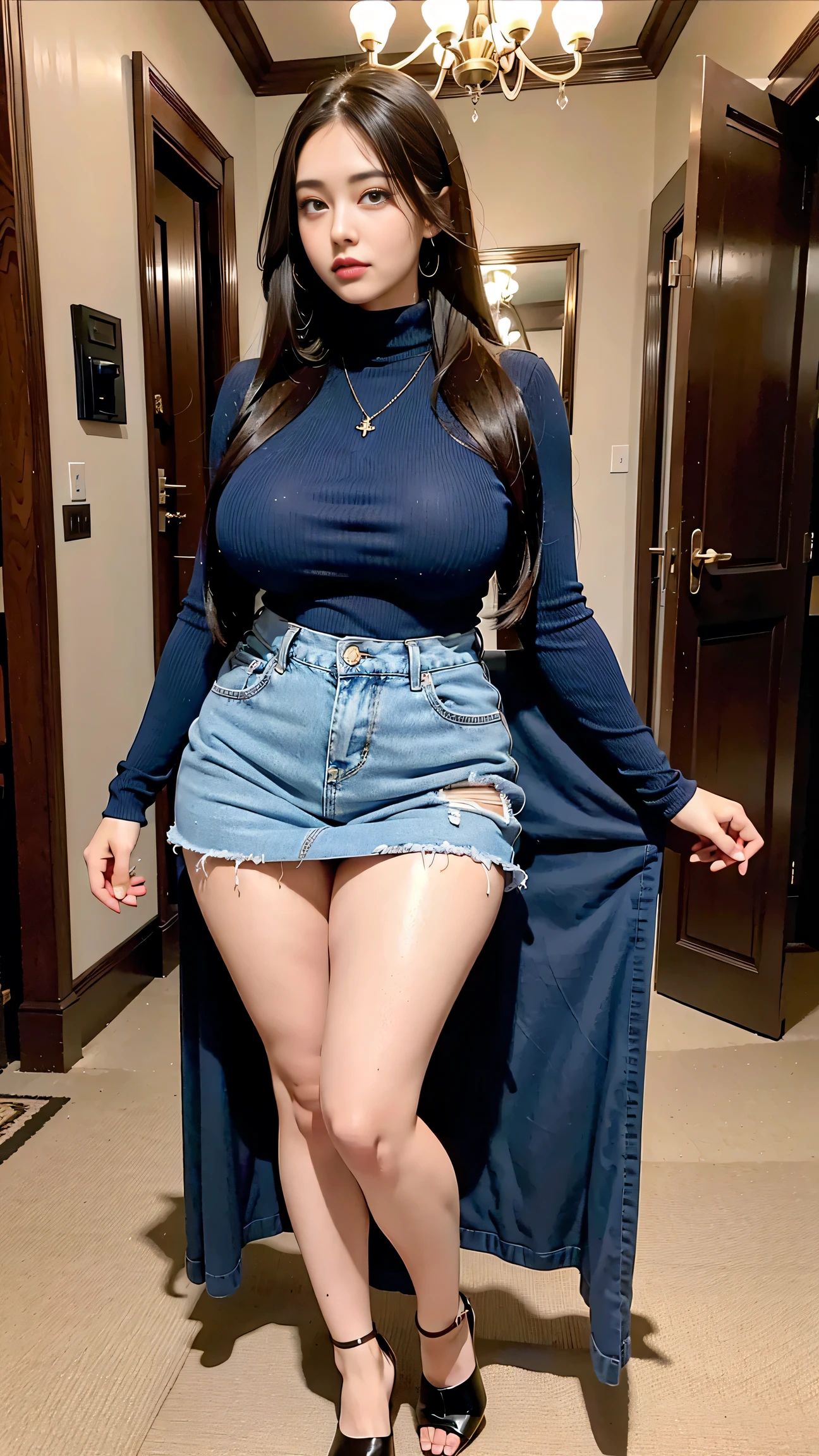 Full body shot of 1 beautiful woman, adult, large body, voluptuous woman, (very long straight hair),( brunette hair), outlined eyelids, made-up eyelids,  turtleneck sweater,  scarf, neckline, (blue mini denim skirt),  tempting , dreaming, curvy hourglass figure, oppai proportion, tight skirt , tall, tall, long legs