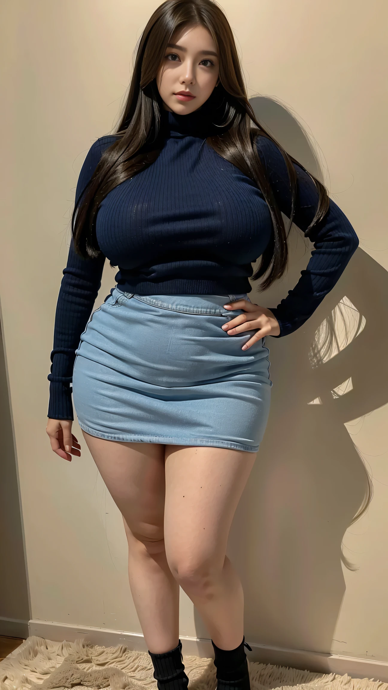Full body shot of 1 beautiful woman, adult, large body, voluptuous woman, (very long straight hair),( brunette hair), outlined eyelids, made-up eyelids, turtleneck sweater, scarf, neckline, (blue mini denim skirt), tempting , dreaming, curvy hourglass figure, oppai proportion, tight skirt , tall, tall, long legs