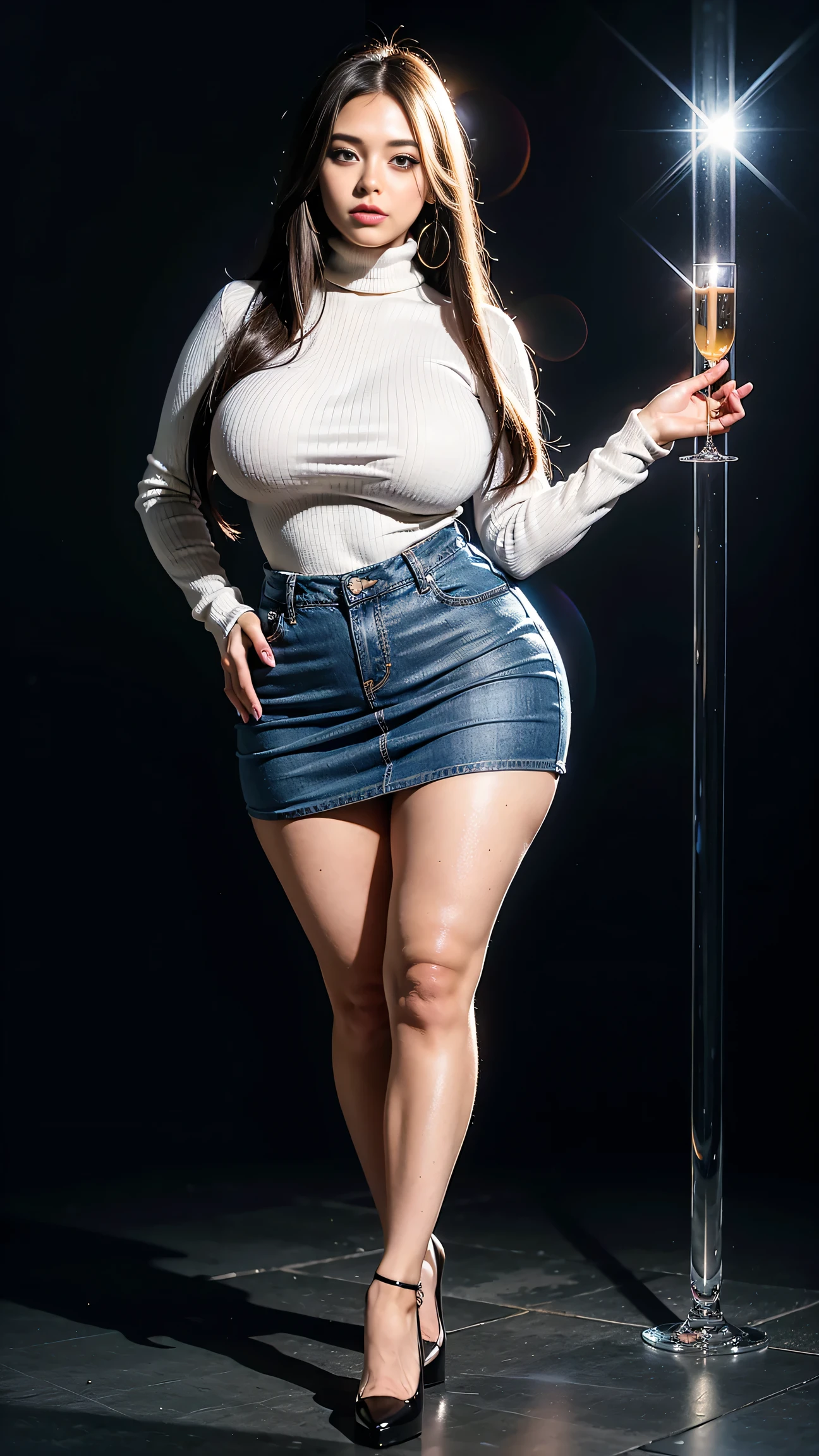 Full body shot of 1 beautiful woman, adult, large body, voluptuous woman, (very long straight hair),( brunette hair), outlined eyelids, made-up eyelids, turtleneck sweater, scarf, neckline, (blue mini denim skirt), tempting , dreaming, curvy hourglass figure, oppai proportion, tight skirt , tall, tall, long legs