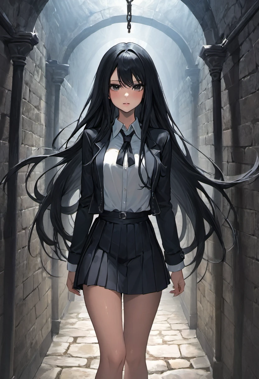 Fantasy dungeons scenario an Italian girl with very long black hair, thin, girl, the girl is wearing a blouse and a miniskirt with lapels, the girl is a prisoner