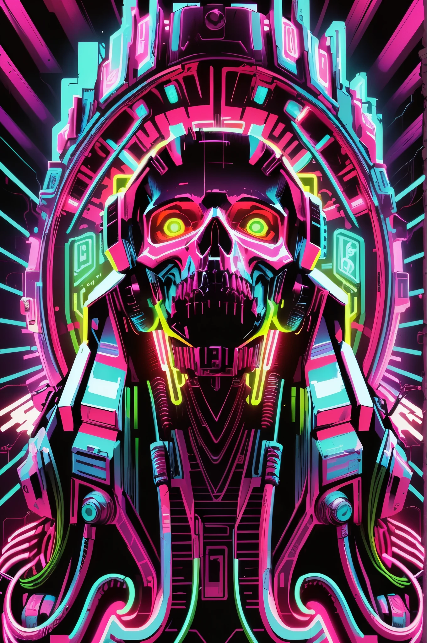 a close up of a neon poster with a skull on it, inspired by Dan Mumford, in the style dan mumford artwork, neonpunk, neon cyberpunk vibrant colors, neon cyberpunk, cyberpunk vibrant colors, dan mumford and alex grey style, synthwave art, synthwave art style ]!!, cyberpunk futuristic neon, synthwave art style, cyberpunk art style