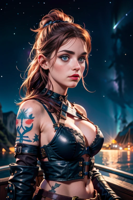 une femme de 25 ans, guerrière viking, very detailed, leather bra and skirt, tatouage viking, dans un fjord, de nuit, stars, Milky Way, war paint on the face