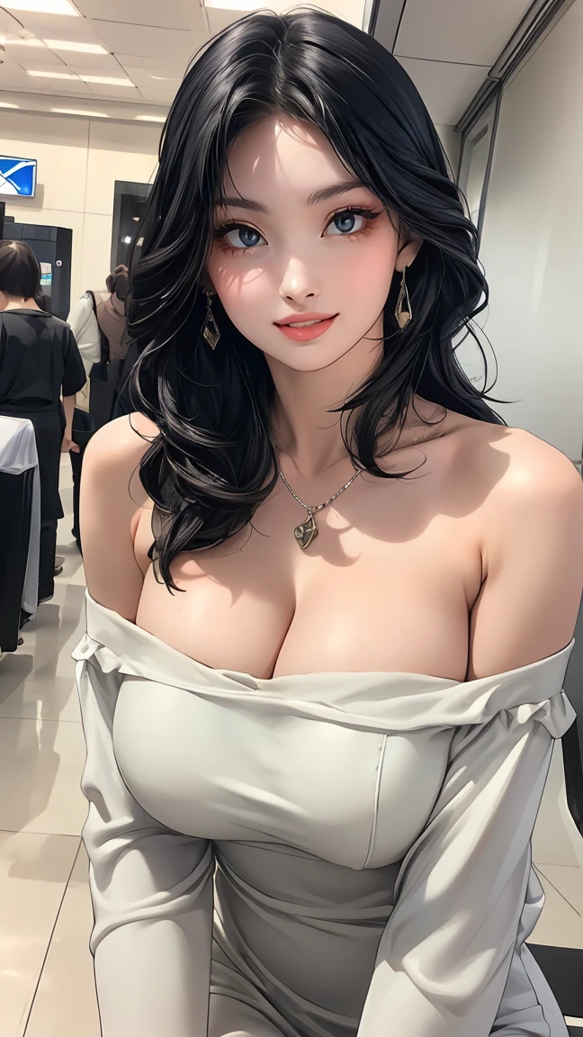 (best quality,4k,8k,highres,masterpiece:1.2),ultra-detailed,(realistic,photorealistic,photo-realistic:1.37), perfect body, nice breasts, printed off-shoulder minidress, airport interior, necklace, bracelets