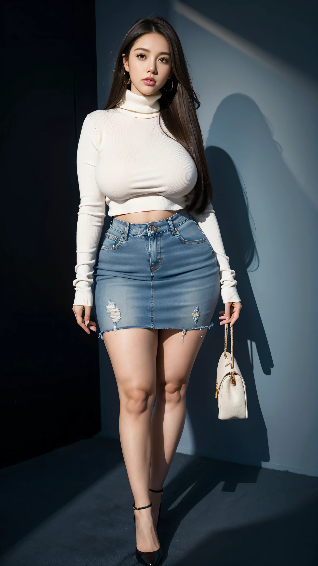 Full body shot of 1 beautiful woman, adult, large body, voluptuous woman, (very long straight hair),( brunette hair), outlined eyelids, made-up eyelids, turtleneck sweater, scarf, neckline, (blue mini denim skirt), tempting , dreaming, curvy hourglass figure, oppai proportion, tight skirt , tall, tall, long legs