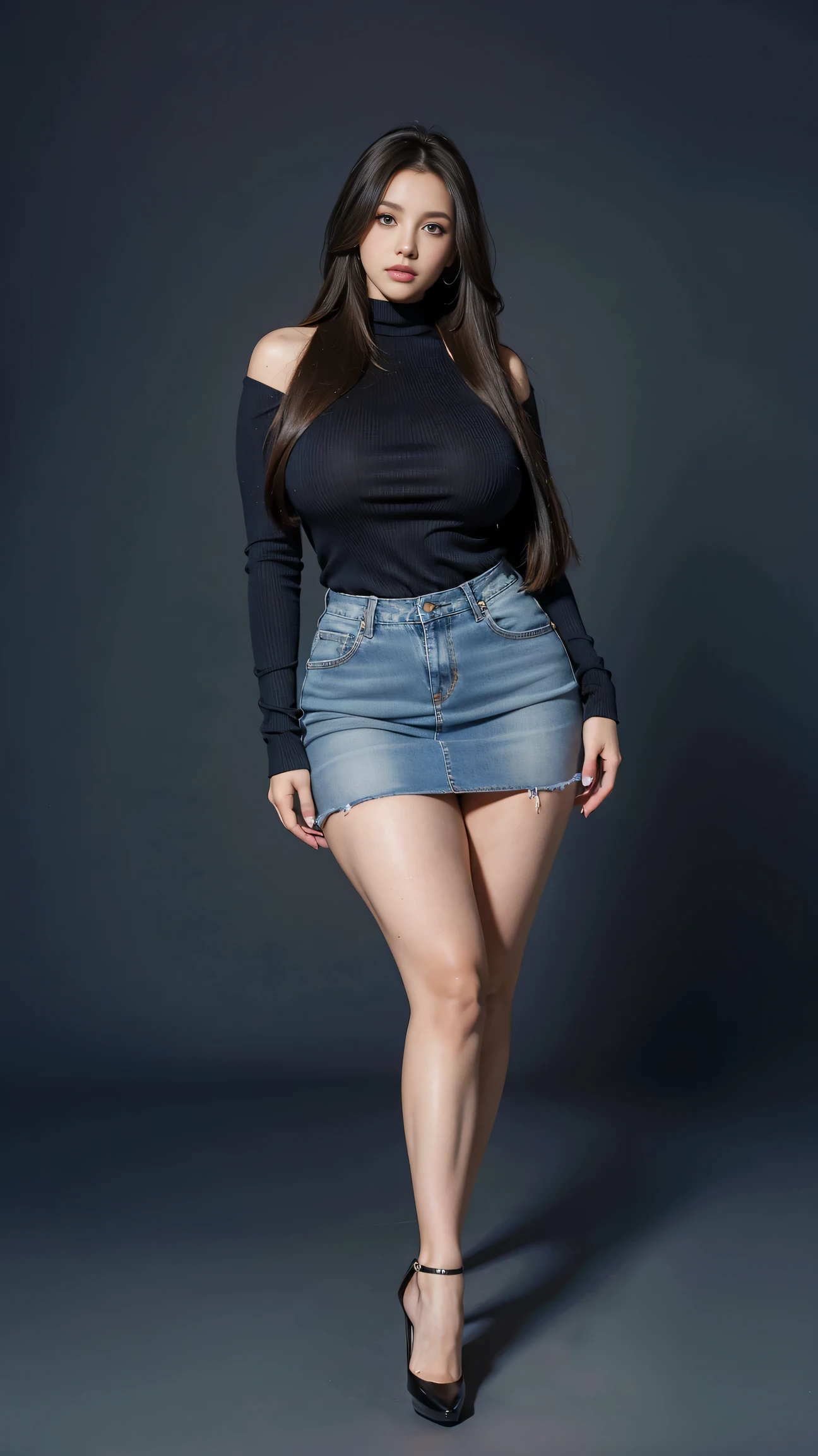 Full body shot of 1 beautiful woman, adult, large body, voluptuous woman, (very long straight hair),( brunette hair), outlined eyelids, made-up eyelids, turtleneck sweater, scarf, neckline, (blue mini denim skirt), tempting , dreaming, curvy hourglass figure, oppai proportion, tight skirt , tall, tall, long legs