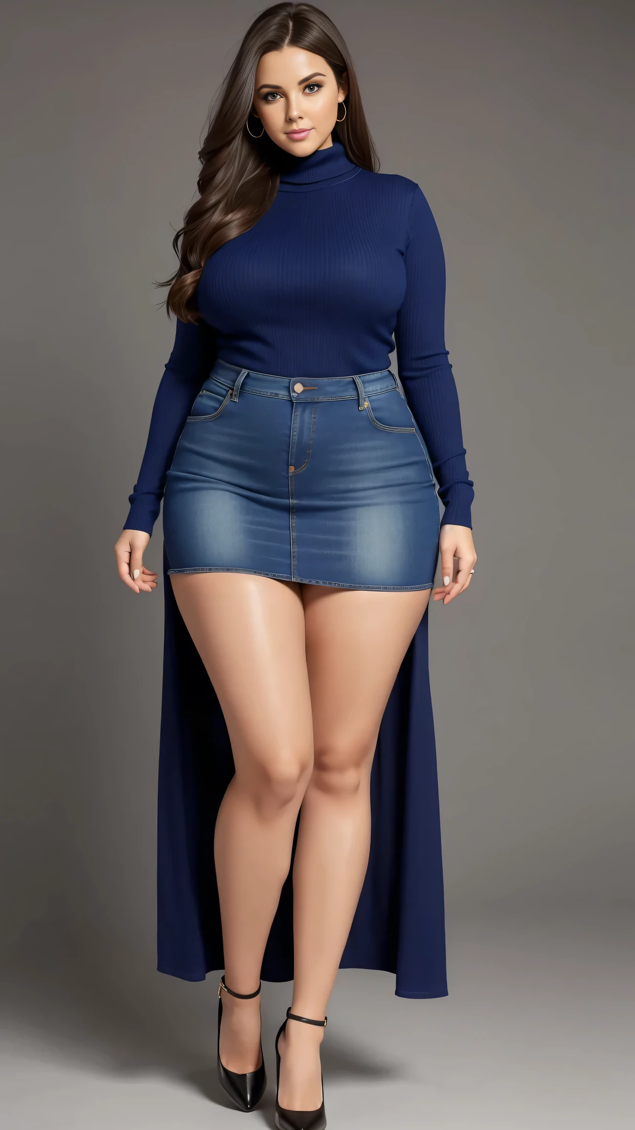 Full body shot of 1 beautiful woman, adult, large body, voluptuous woman, (very long straight hair),( brunette hair), outlined eyelids, made-up eyelids, turtleneck sweater, scarf, neckline, (blue mini denim skirt), tempting , dreaming, curvy hourglass figure, oppai proportion, tight skirt , tall, tall, long legs