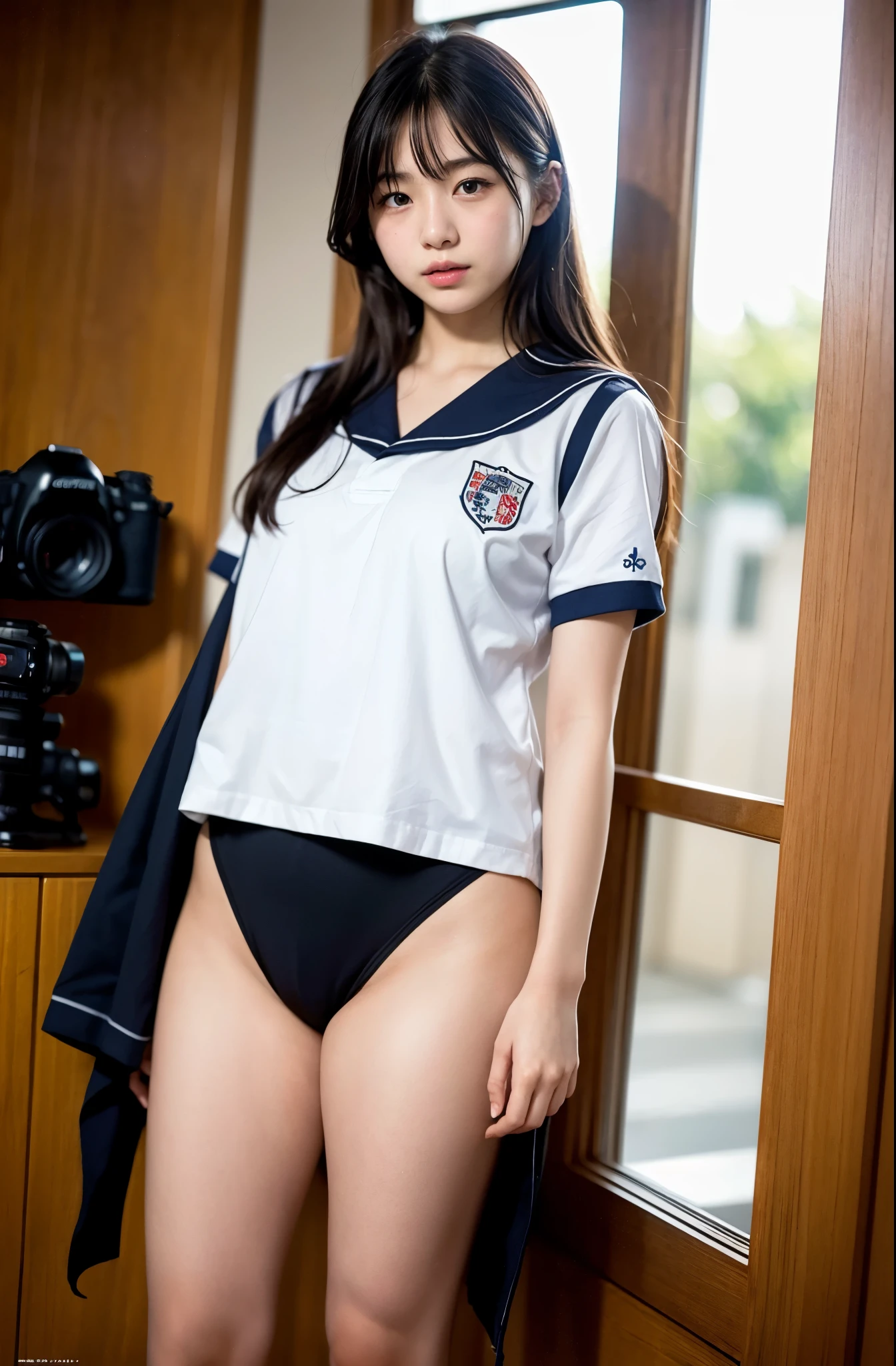 The top half of a traditional sailor suit、Japanese high school students、 female, RAW shooting, (realism: 1.8, Realistic), High-definition CG integrated 8K wallpaper, One Girl, camera&#39;sight, ((Straight from the front))), (Headquarters Skin: 1.8, Glowing Skin)), 8k er, Digital single-lens reflex camera, Soft lighting, high quality, (whole body: 0.5) (Professional Lighting: 1.6), Japanese women, 足首からwhole bodyまで, Shooting from the feet up, height: 160cm, Weight 50kg, (((Her skirt is rolled up and her underwear is visible..)))、(((Legs open)))、Tartan Skirt