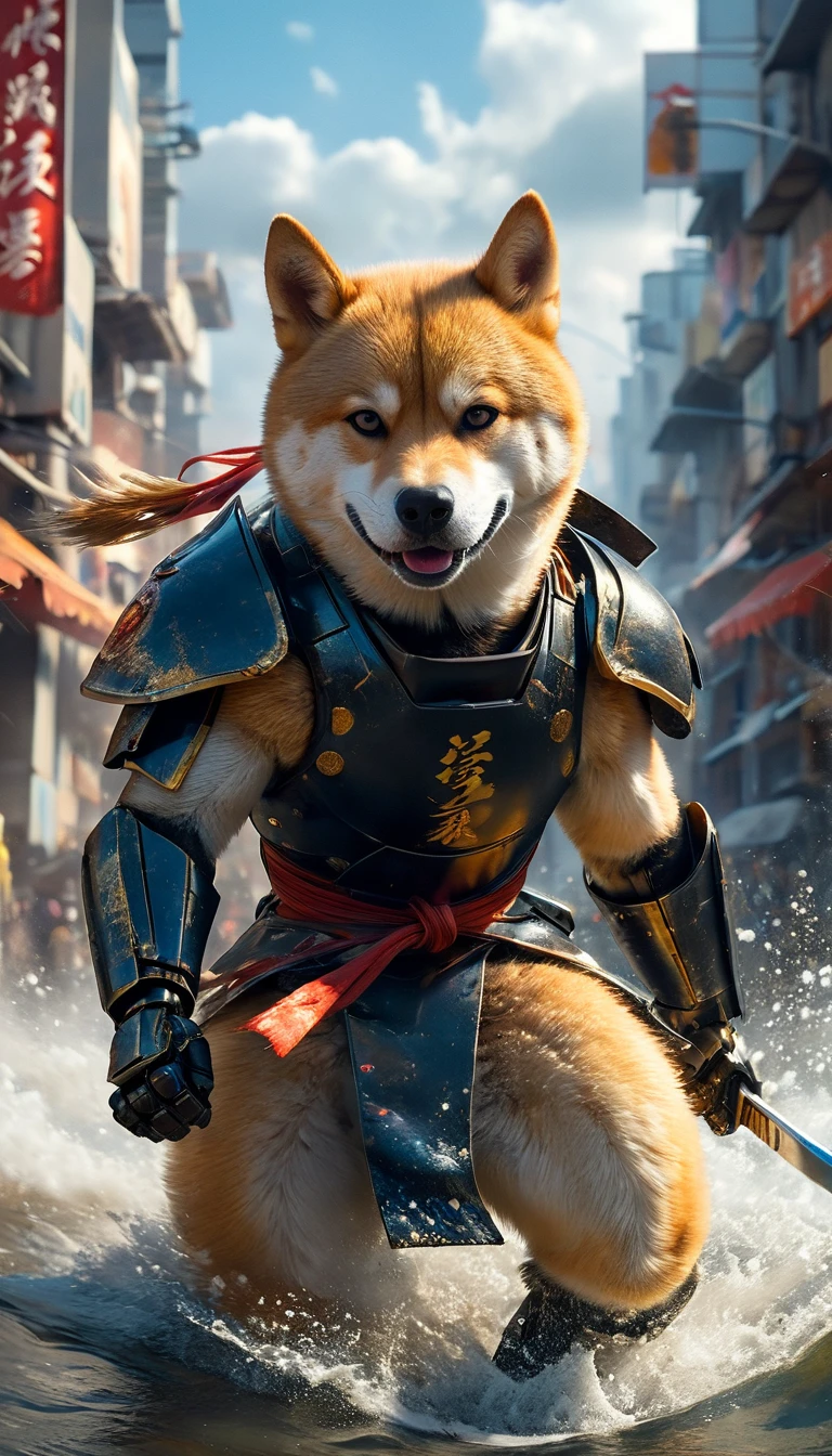 (full body shot:1.5),futuristic Platinum anthropomorphic shiba inu robotic, shiba inu as japanaese futristic robotic samurai, katana sword, dirty and painted armor, destroyed city, stormy weather, apocaliptic world, Super realistic, well detailed,photorealism, cinematic explosion style