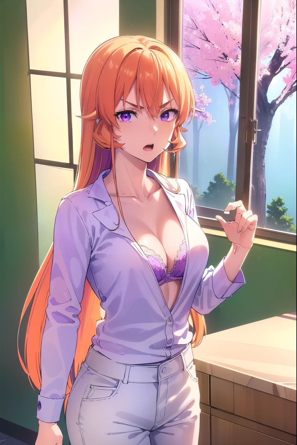 ((masterpiece:1.3, highly detailed:1.3, highres:1.1, best quality, HD, full image)),((erinanakiri, erina nakiri, long hair, orange hair, (purple eyes:1.1), hair between eyes, frown, angry, open mouth, pants, white pants, white bra, bra, no shirt, ((indoors, kitchen, window background, trees)), looking at viewer, (masterpiece:1.2), best quality, high resolution, unity 8k wallpaper, (illustration:0.8), (beautiful detailed eyes:1.6), extremely detailed face, perfect lighting, extremely detailed CG,(perfect hands, perfect anatomy))),((sexy pose, standing))