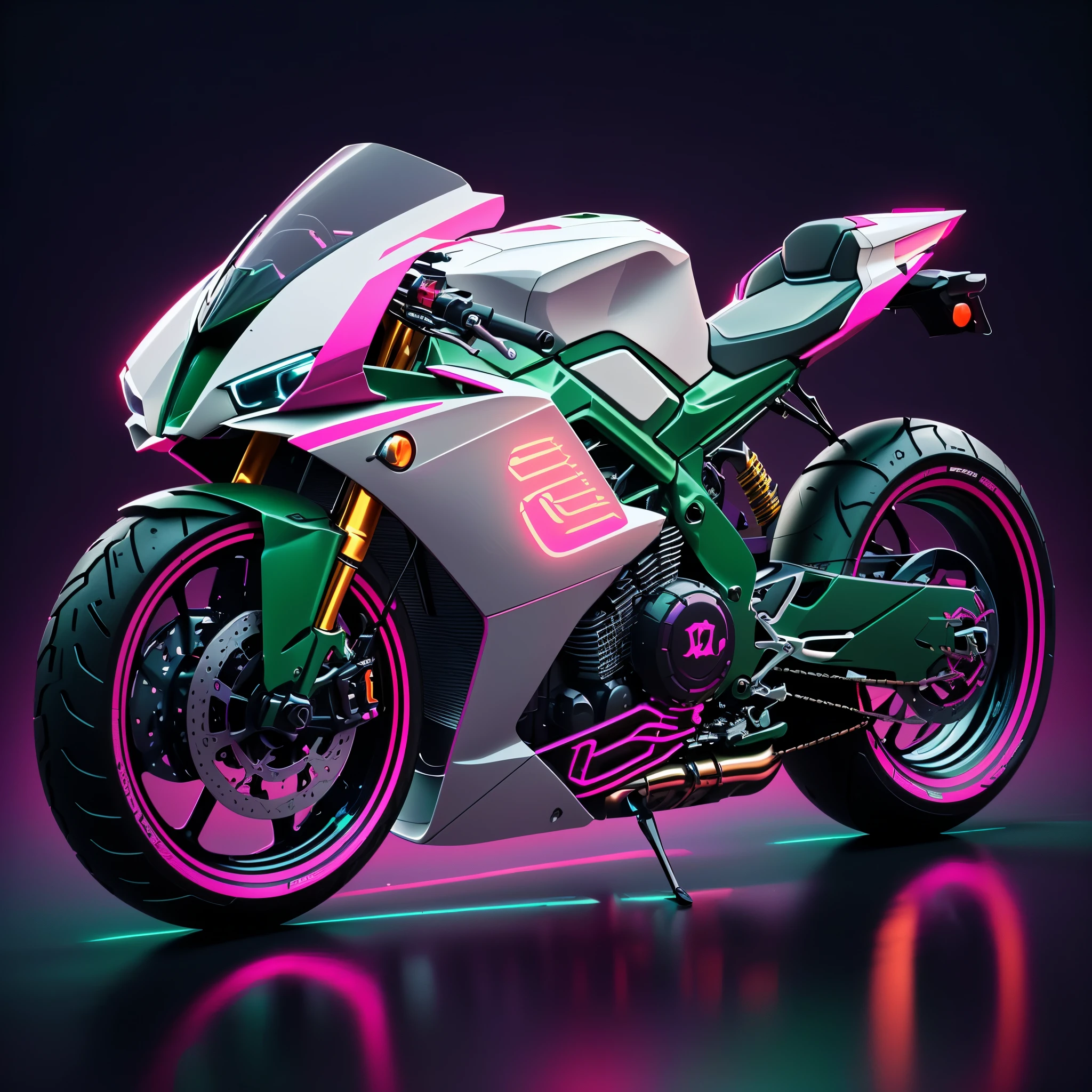 brightly lit motorcycle with a pink and green design on the front, futuristic motorcycle, cycles 3 d render, motorcycle, cycles4d render, in style of digital illustration, motorcycle concept art, cycle render, futuristic art style, 8k octane 3d render, daniel maidman octane rendering, hyper detailed 3d render, hyper detailed 3 d render, cyberpunk art style