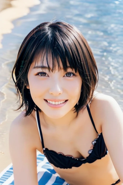 Japanese、Beauty、(masterpiece), (highest quality), (Super Detail), ⁽short hair⁽), (whole body), (1 female), (full body), (Idol), Beautiful fine details, 繊細でBeautiful Face, floating, (High saturation), (Swimwear), Black Hair, bangs, A big smile, Girl in Love, highest quality, Very detailed, smile, Smart, Beautiful Face, 4K、8K、Low - Angle、Lying on your back、Michan、Sandy Beach、Beach、