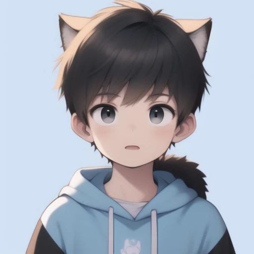 Black-haired boy with white and black eyes, Black cat ears and tale. Cute Boy, three quarter view, Shota, lovely, Master masterpieces, A high resolution, detailed background, high quality, Libido boy, (((solo, 1boys, solo person))), wearing a large white hoodie, He looks straight at me with a cool expression on his face.