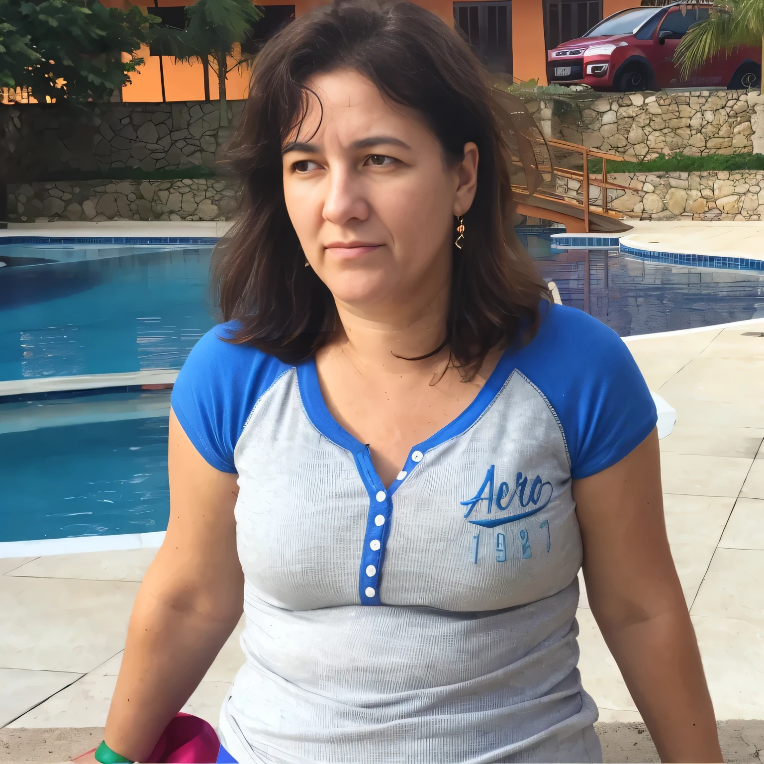 woman with a blue shirt and a pink frisbee in front of a swimming pool, 30-year-old, 30 years woman, 4 5 yo, 40 years old women, many years gone, malika favre, 5 year brazilian mother