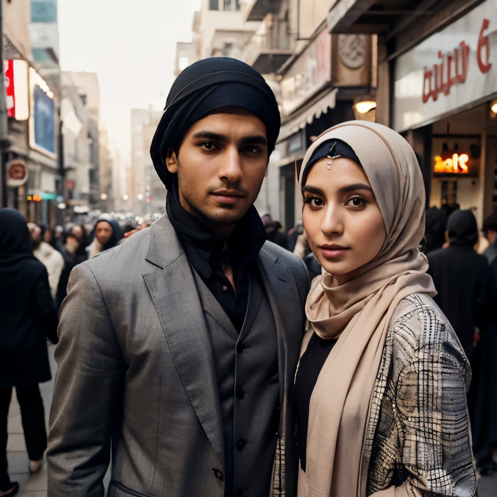 Handsome man and gorgeous hijab woman model standing in a crowded street, in smart casual wear, 7 0 mm portrait, 60mm portrait, 50mm portrait, couple portrait, middle eastern skin, portrait shot, handsome face and beautiful face, 3 5 mm portrait, extremely beautiful, very extremely beautiful, high quality portrait