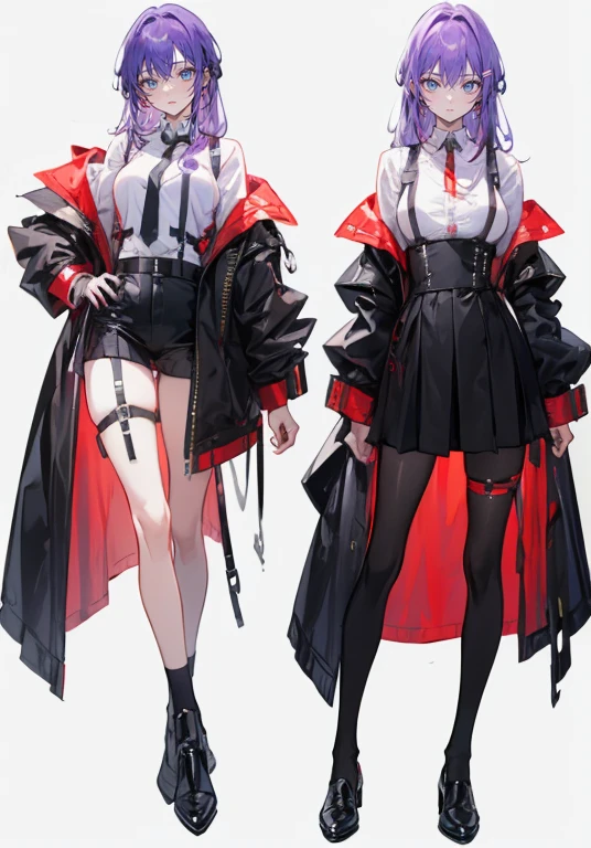 Purple Hair,Shortcuts,Adult female,bartender,((Body Harness)),((Rolling up his sleevesＹshirt)),High heels,,((Simple Background)),smile,((Full Body)),((full body)),((whole body)),Character Sheet,upright,,Both arms hanging straight down